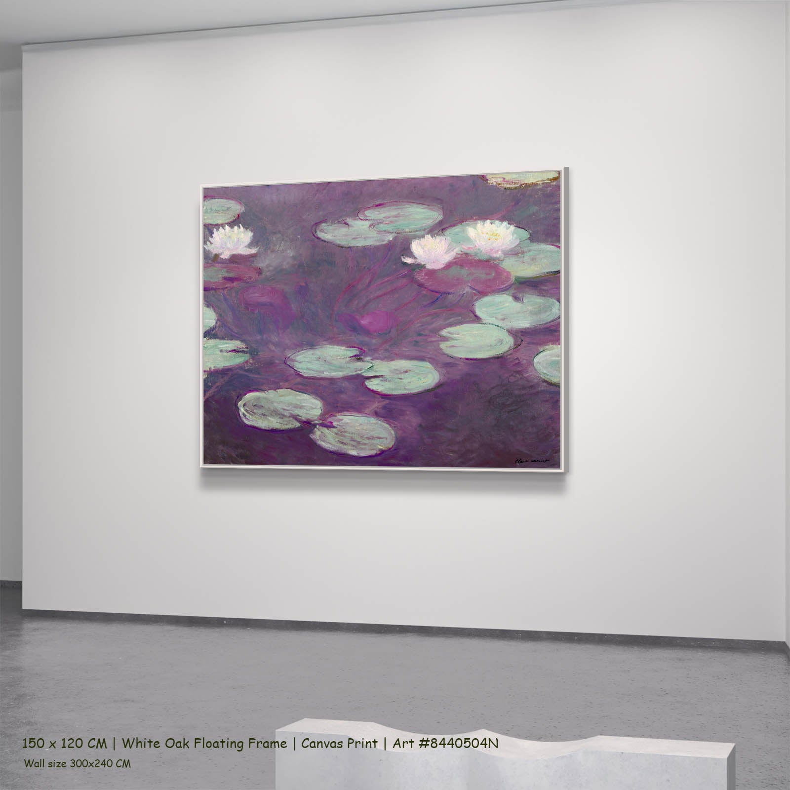 Water Lilies (Nymphéas) Floral canvas wall art in a white oak floating frame, 150 × 120 cm