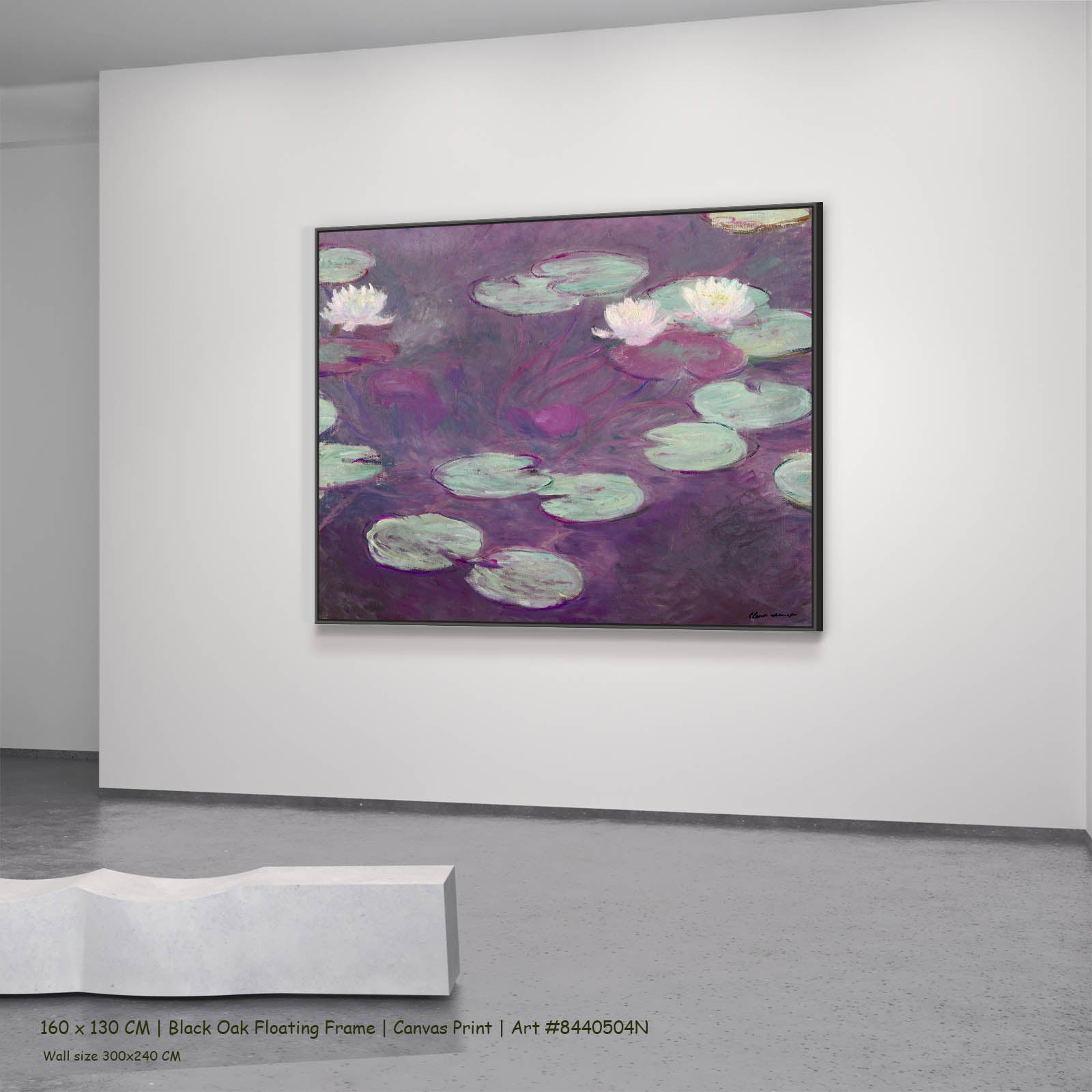 Water Lilies (Nymphéas) Floral canvas wall art in a black oak floating frame, 160 × 130 cm