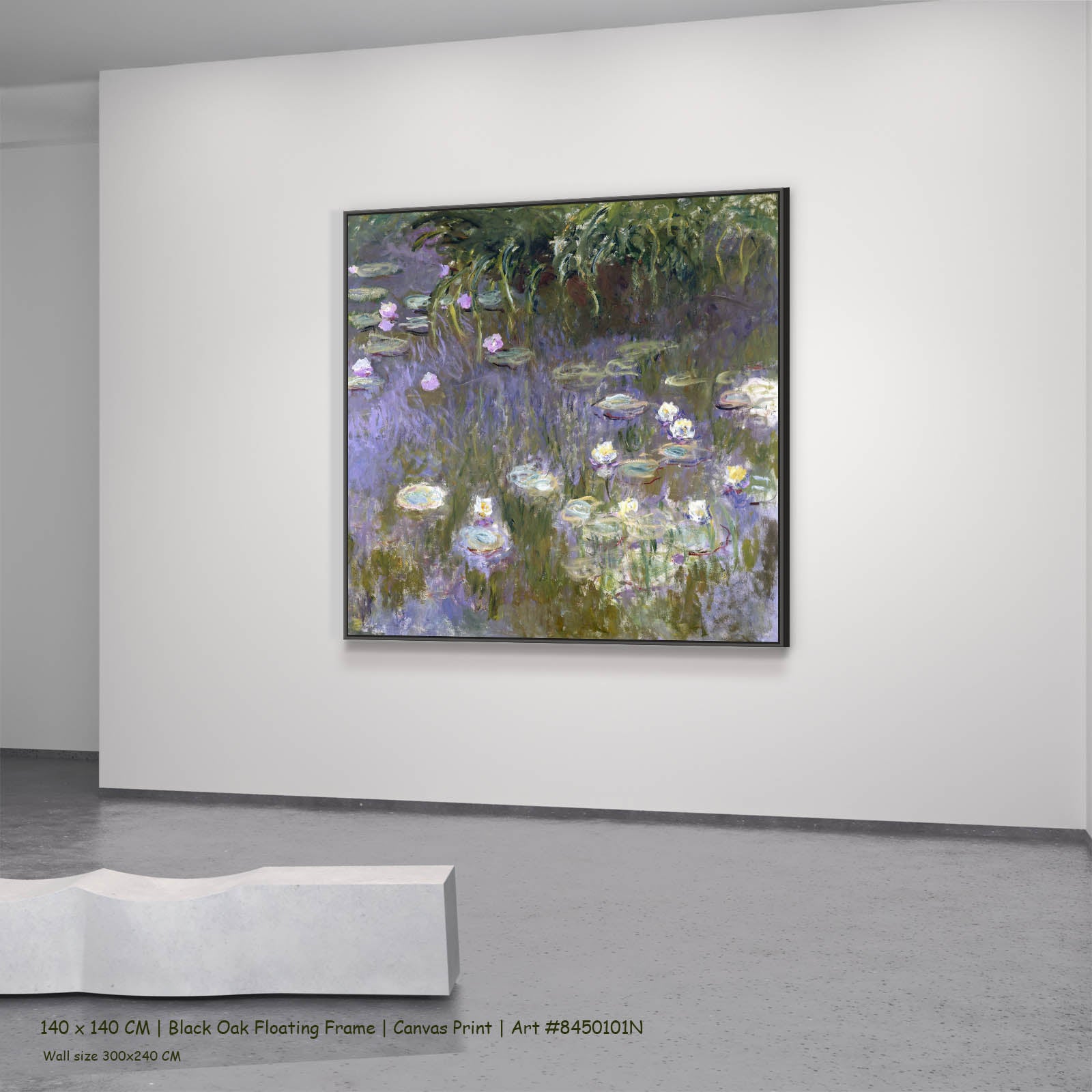 Water Lilies (Square Composition) Floral canvas wall art in a black oak floating frame, 140 × 140 cm