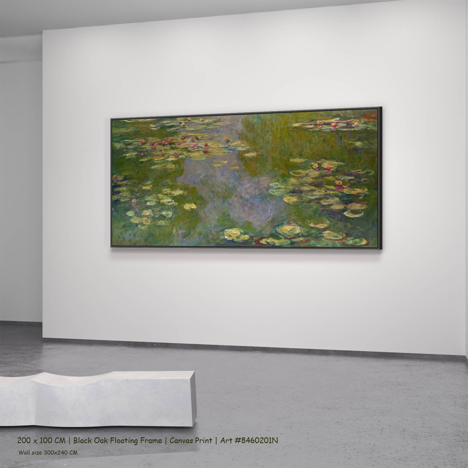 Water Lilies (Wide Panorama) Floral canvas wall art in a black oak floating frame, 200 × 100 cm