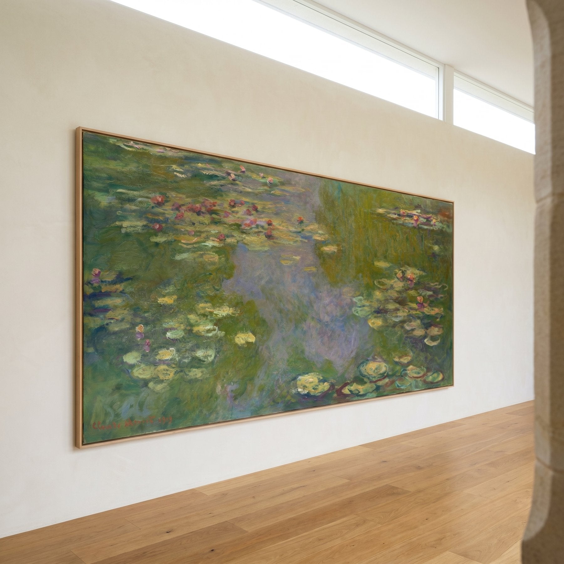 Water Lilies (Wide Panorama) Panoramic Floral canvas wall art framed and hung on a wall by Claude Monet