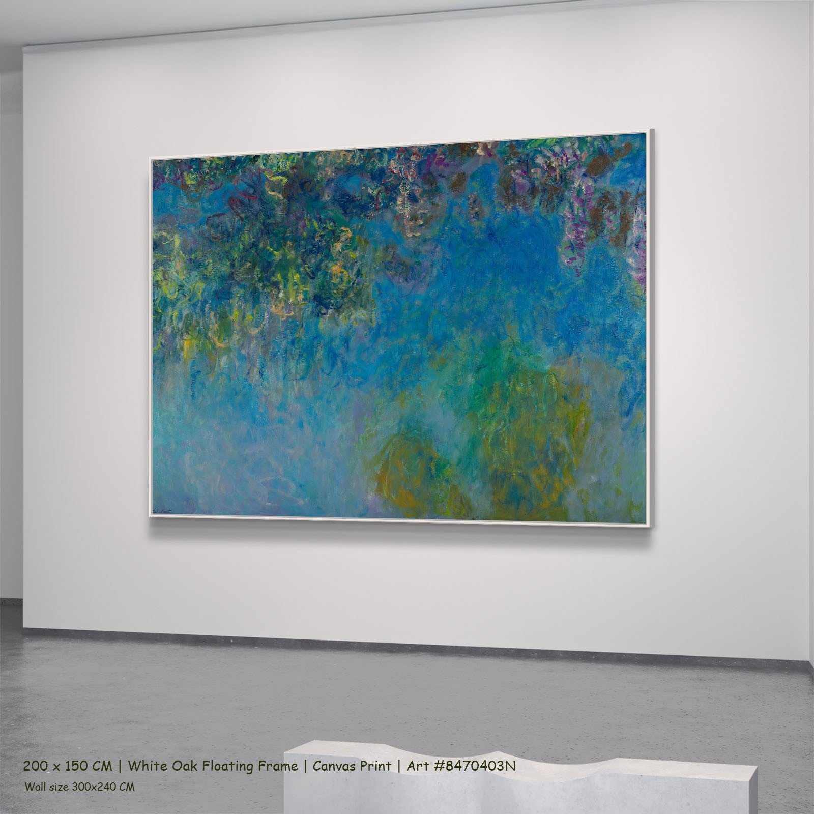 Wisteria Floral canvas wall art in a white oak floating frame, 240 × 180 cm