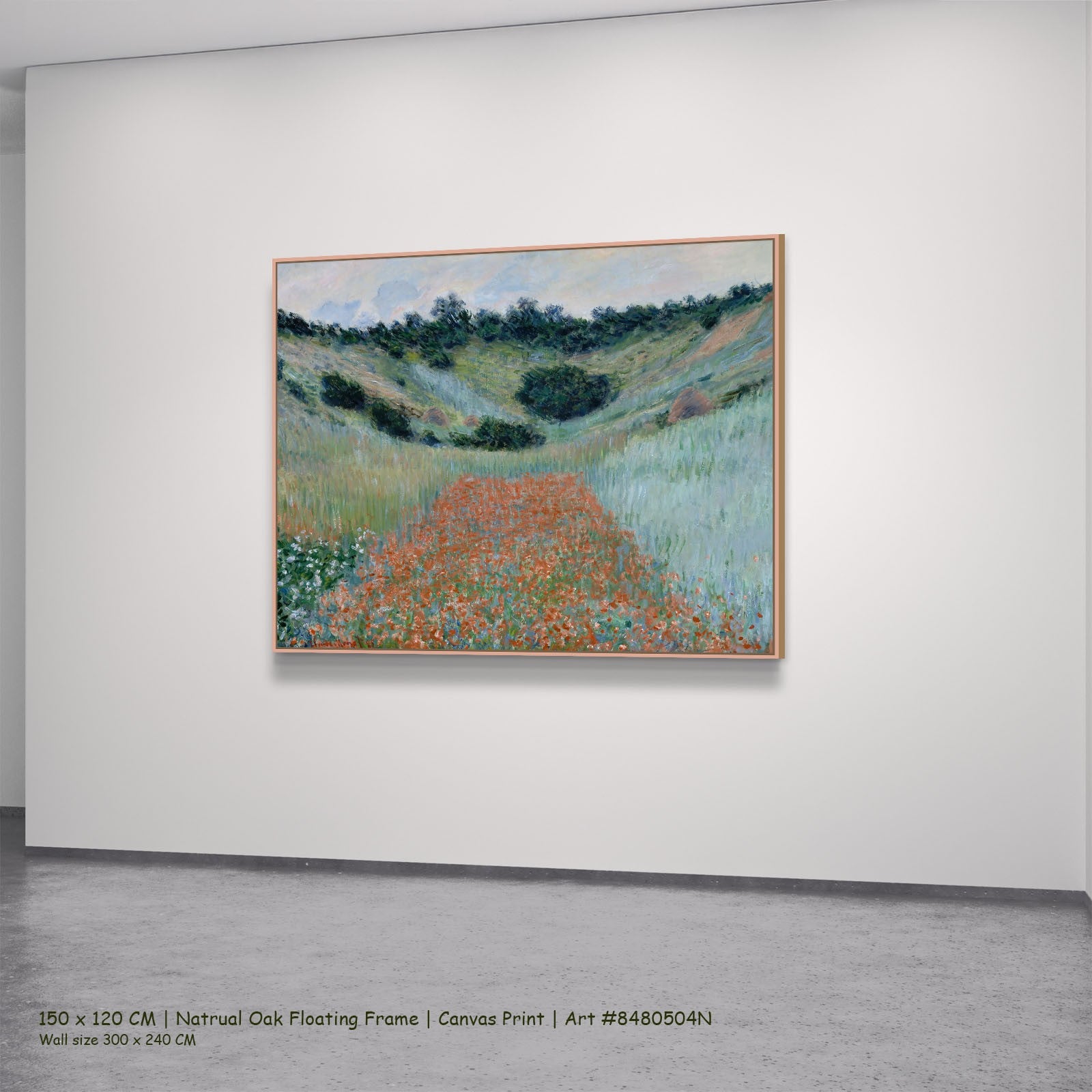 Poppy Field in a Hollow near Giverny Landscape canvas wall art in a natural oak floating frame, 160 × 130 cm