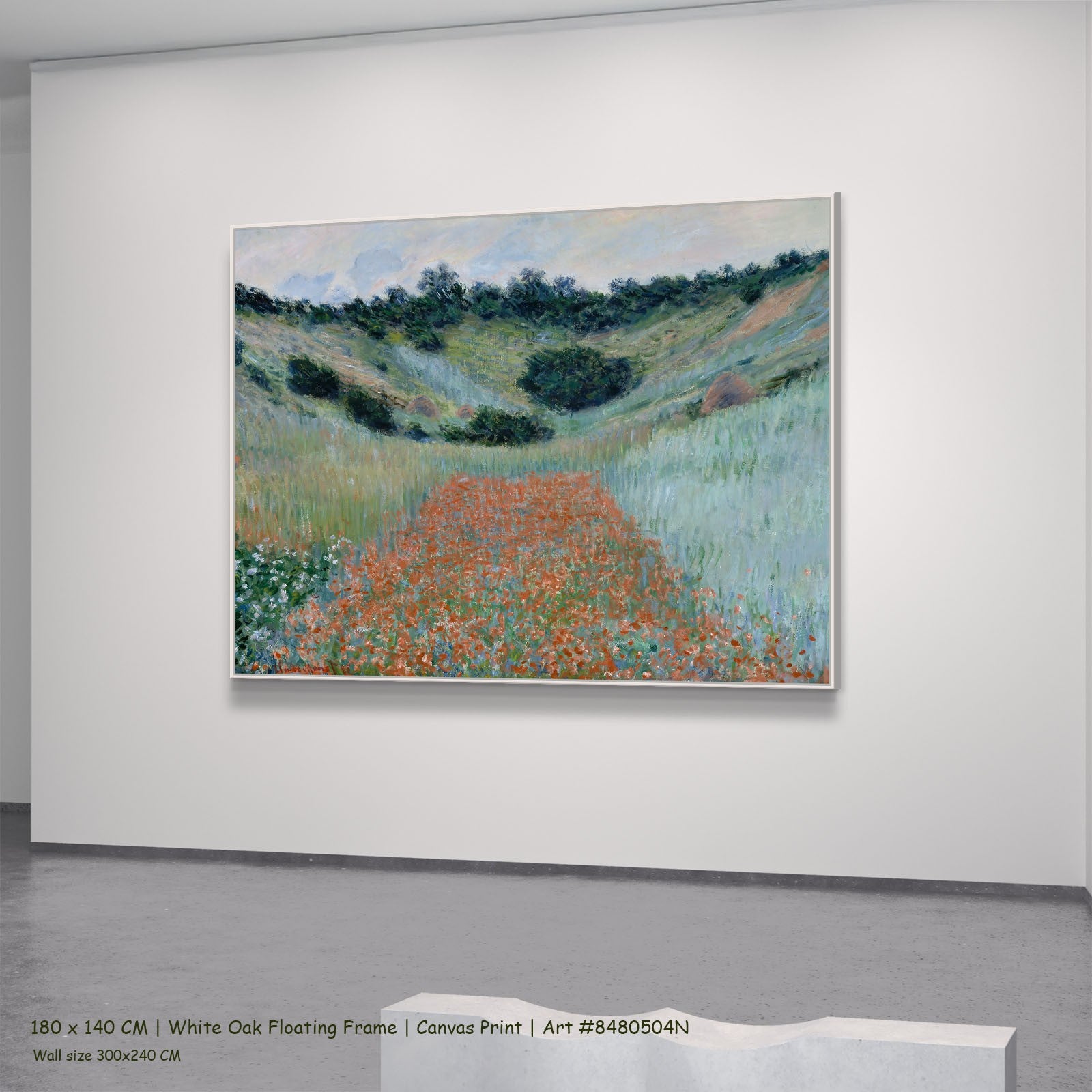 Poppy Field in a Hollow near Giverny Landscape canvas wall art in a white oak floating frame, 200 × 160 cm