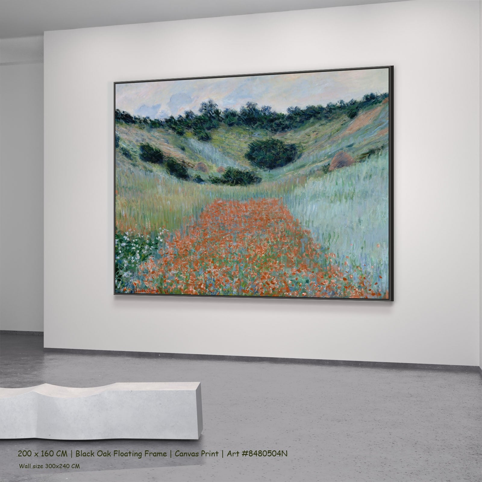 Poppy Field in a Hollow near Giverny Landscape canvas wall art in a black oak floating frame, 150 × 120 cm