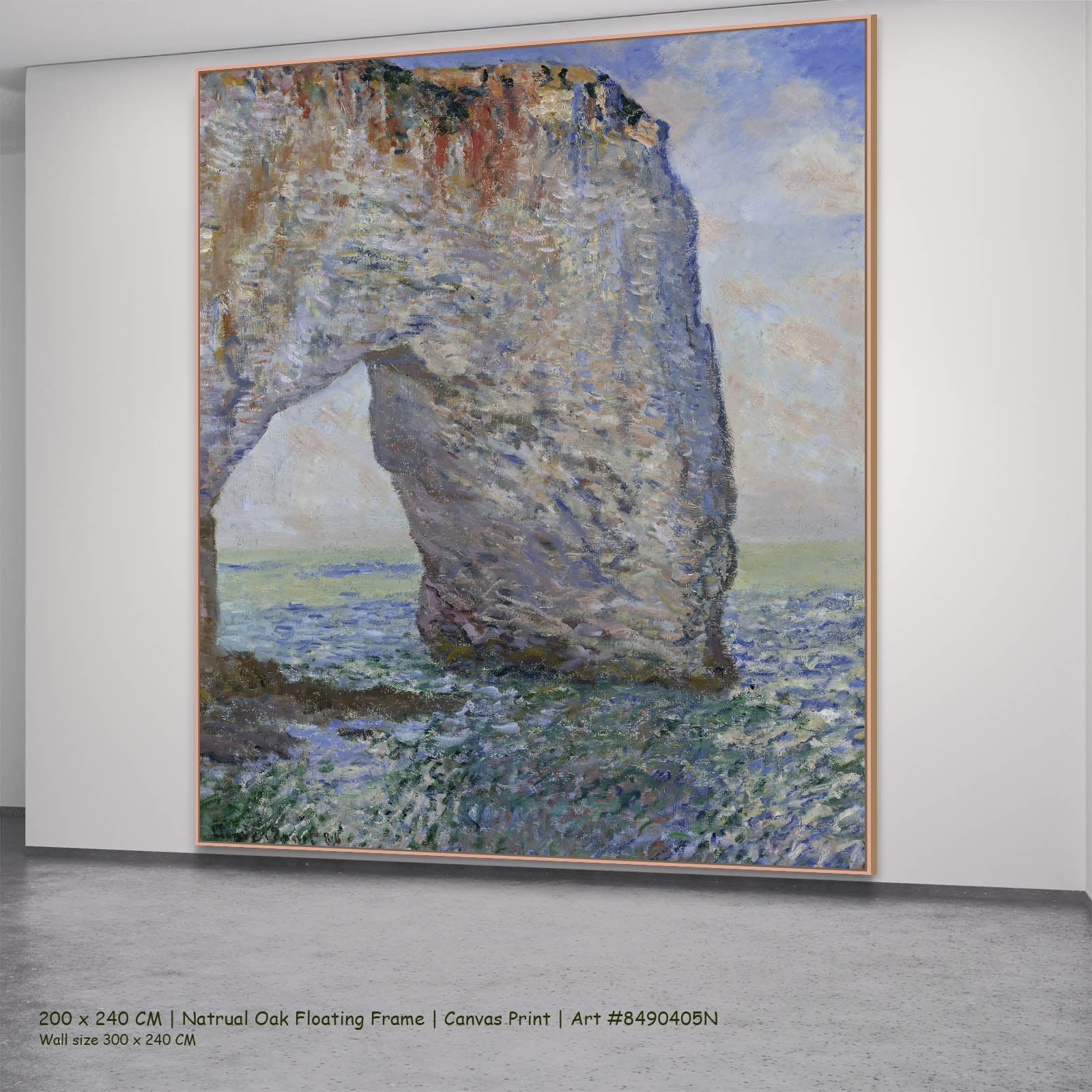 The Manneporte near Étretat Coastal canvas wall art in a natural oak floating frame, 200 × 240 cm