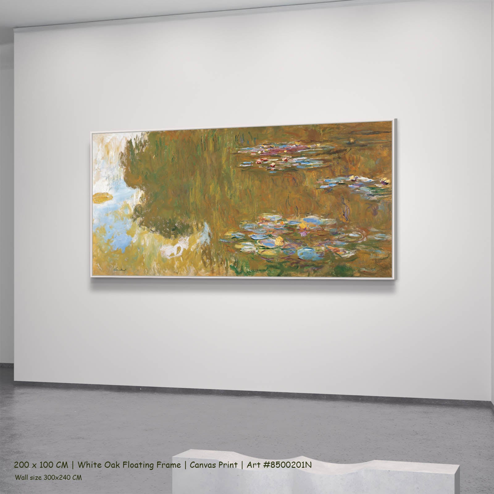 The Water Lily Pond Landscape canvas wall art in a white oak floating frame, 200 × 100 cm