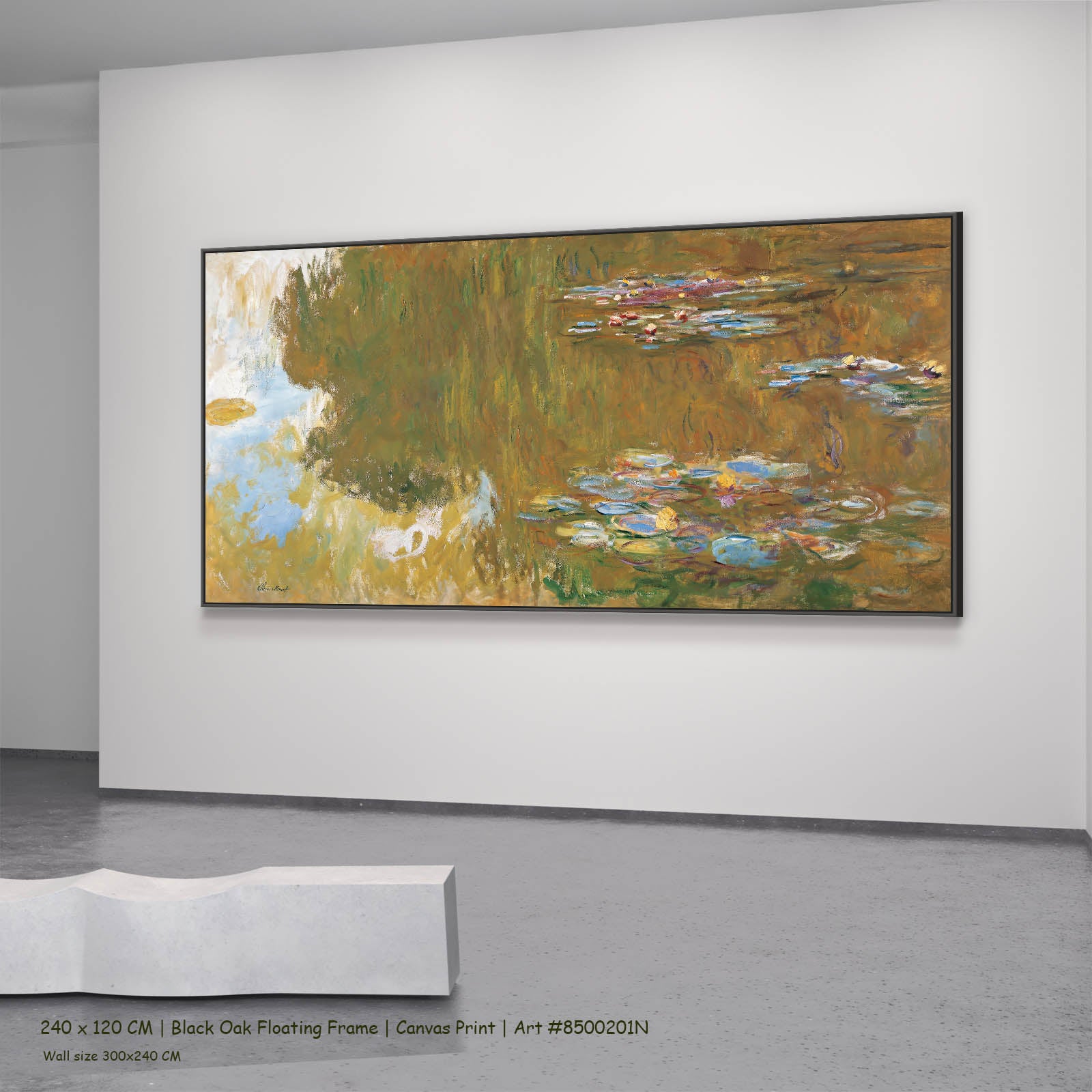 The Water Lily Pond Landscape canvas wall art in a black oak floating frame, 240 × 120 cm