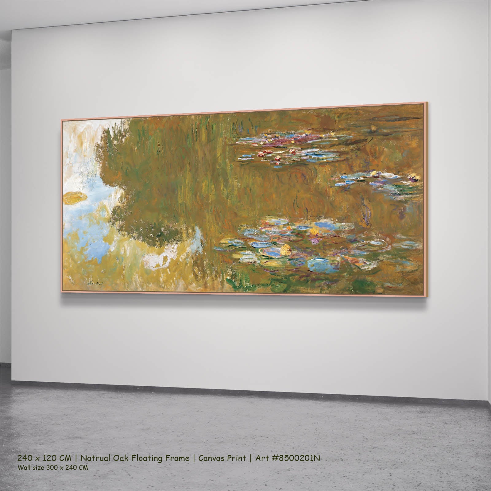 The Water Lily Pond Landscape canvas wall art in a natural oak floating frame, 240 × 120 cm