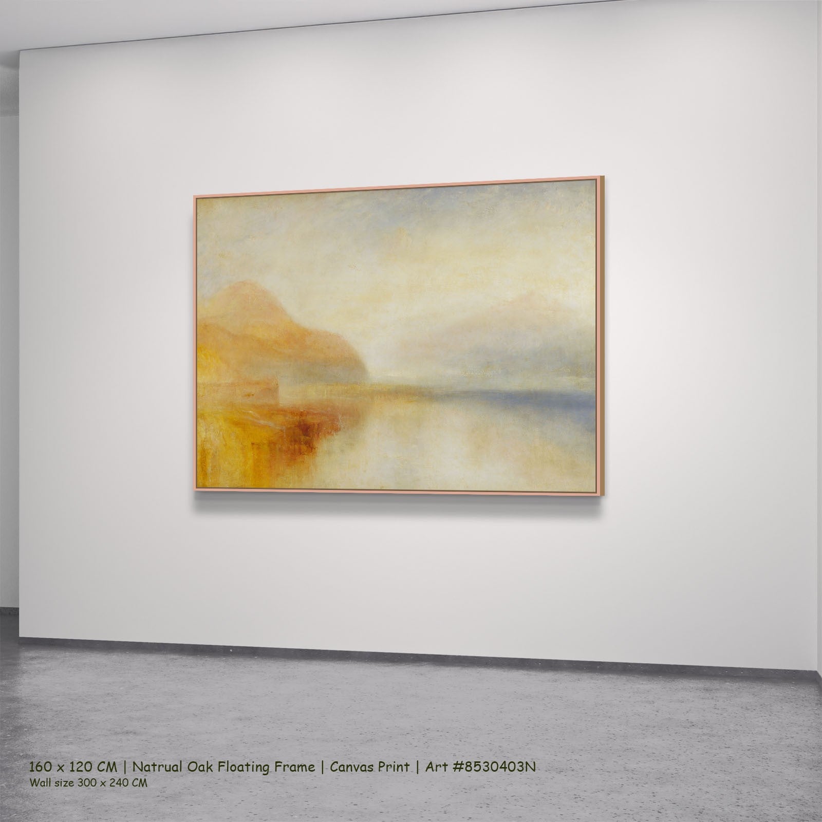 Inverary Pier, Loch Fyne: Morning Coastal canvas wall art in a natural oak floating frame, 240 × 180 cm