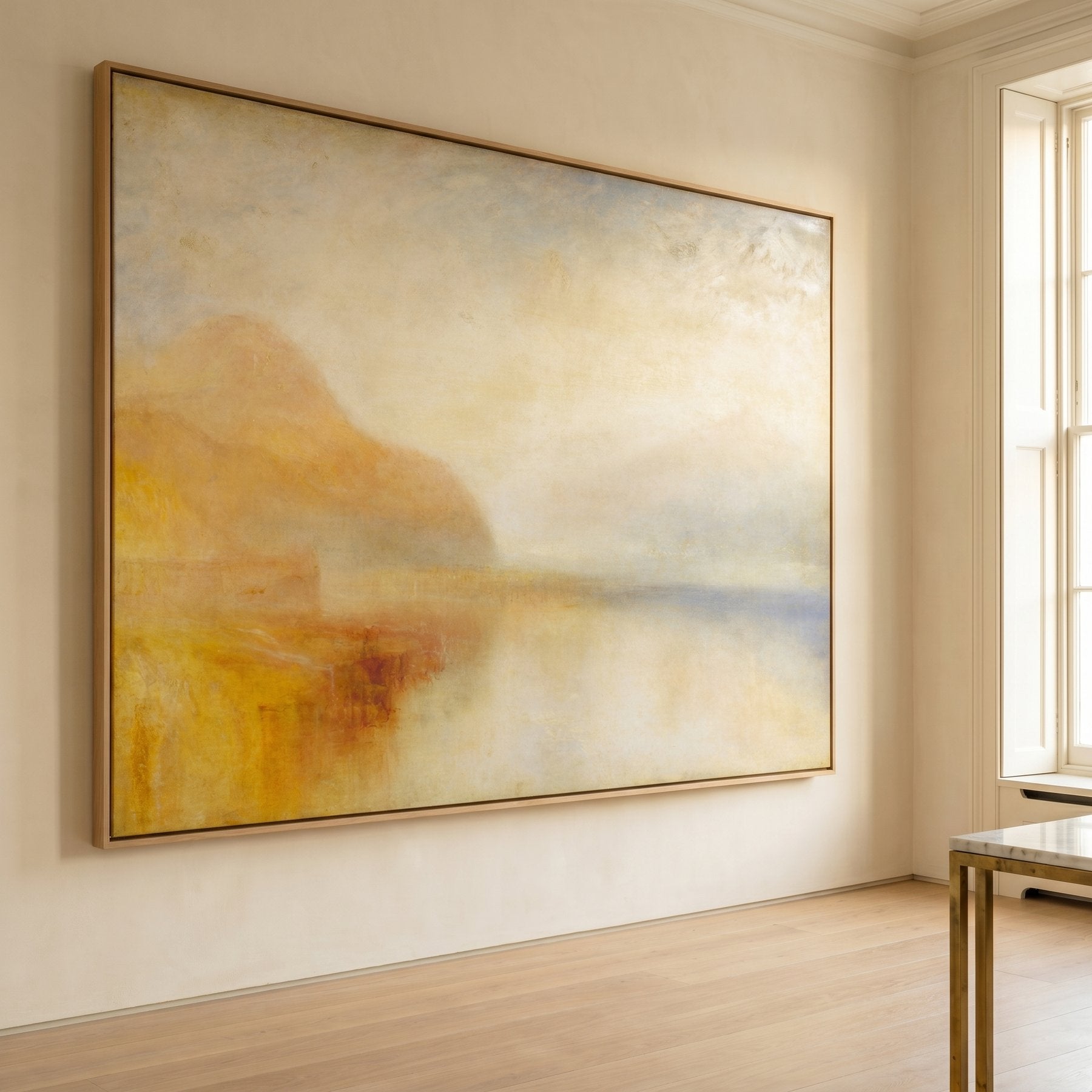 Inverary Pier, Loch Fyne: Morning Oversized Coastal canvas wall art framed and hung on a wall by J.M.W. Turner