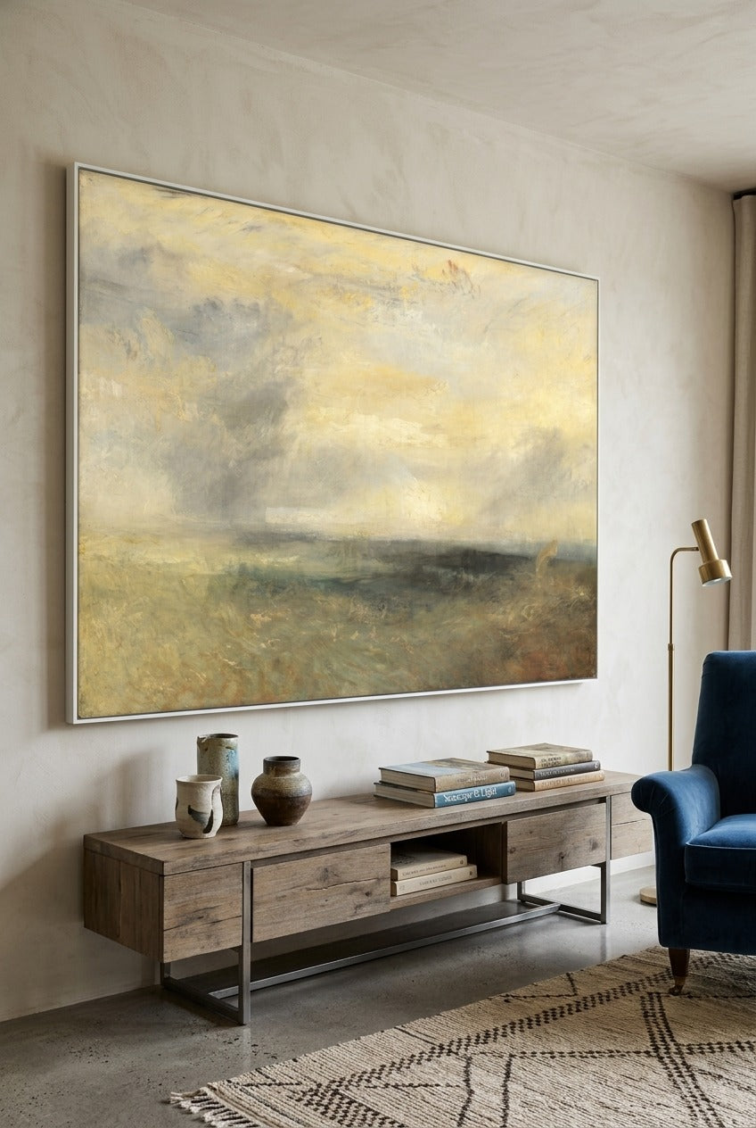 J.M.W. Turner by J.M.W. Turner — large yellow and grey canvas art displayed on a wall