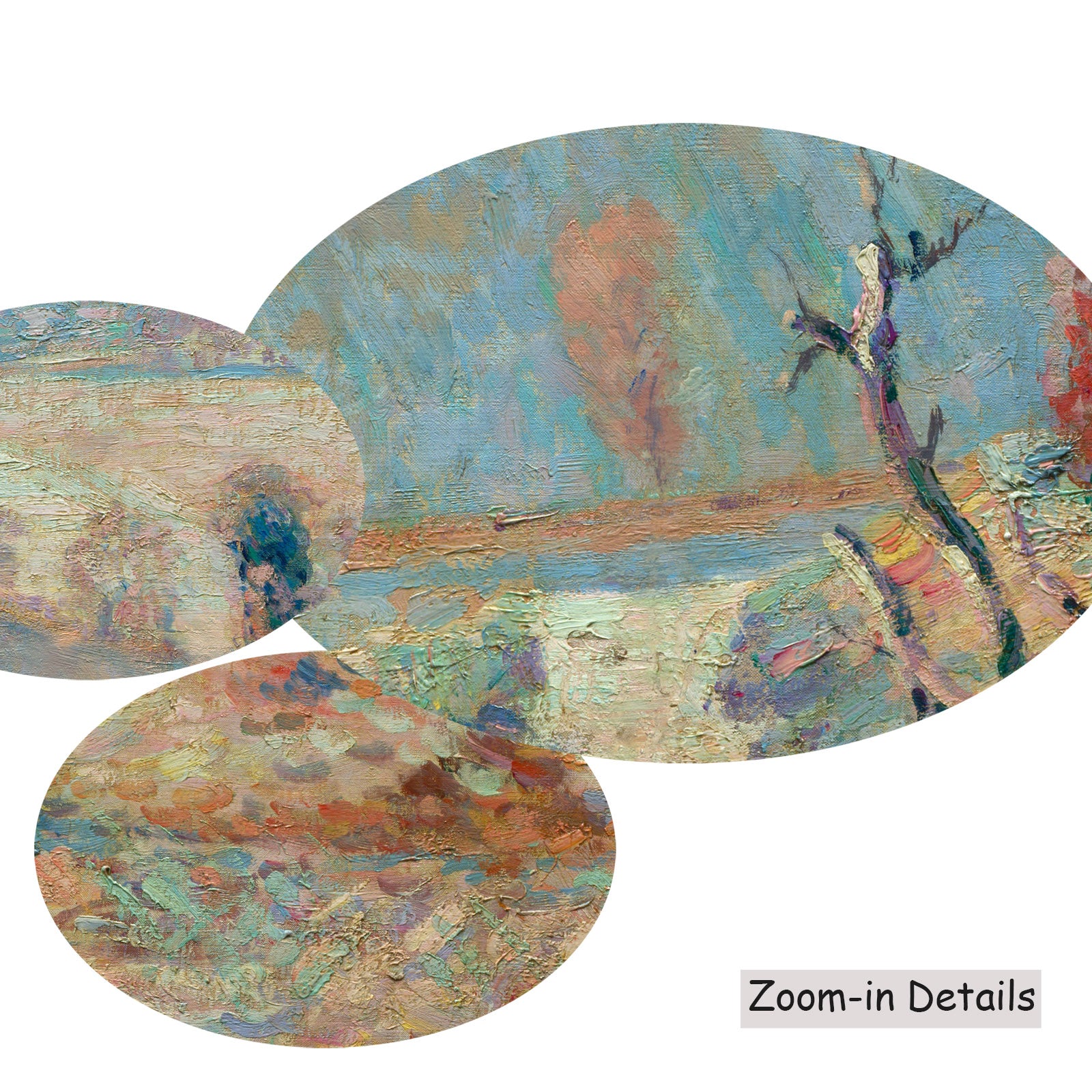 Close-up detail of the brushwork on White Frost, a large yellow and blue Impressionist canvas by Armand Guillaumin