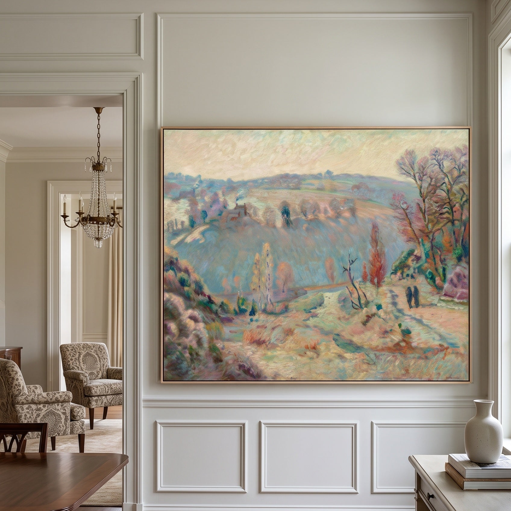 White Frost by Armand Guillaumin — large yellow and blue Impressionist canvas art on a hallway wall