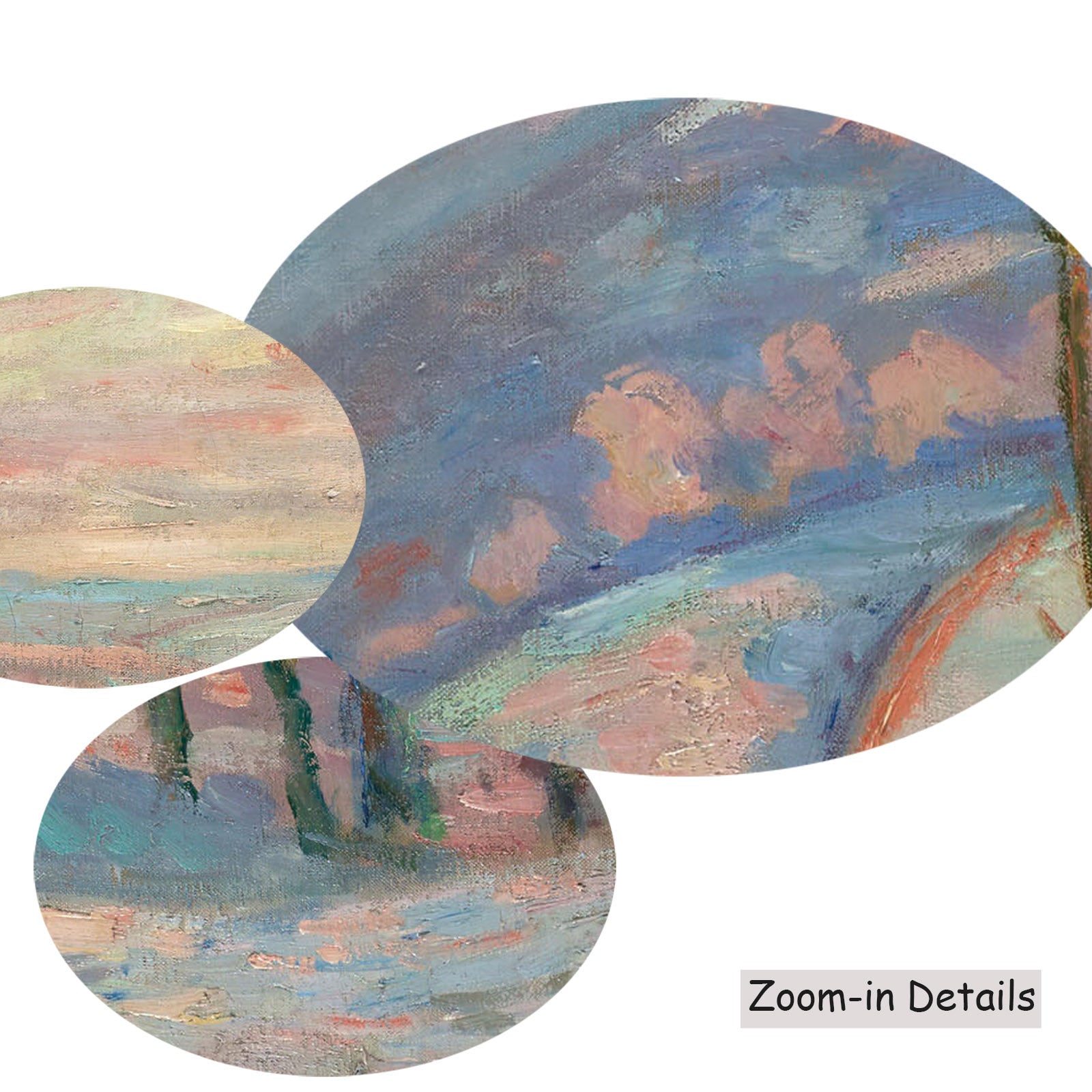 Close-up detail of the brushwork on Gelée blanche au village de Crozant, a large pink and blue Impressionist canvas by Armand