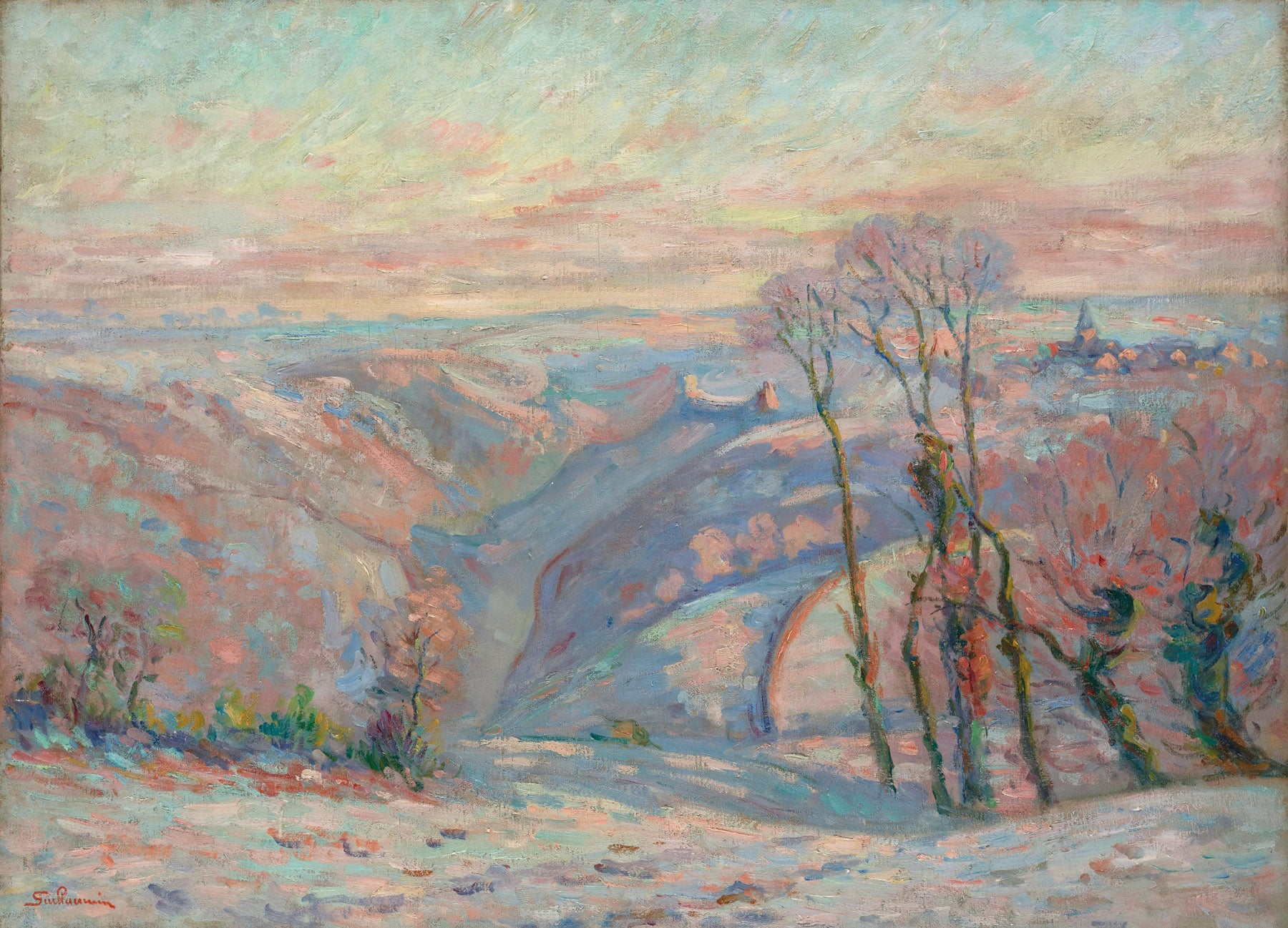Large pink and blue Impressionist canvas print of Gelée blanche au village de Crozant by Armand Guillaumin