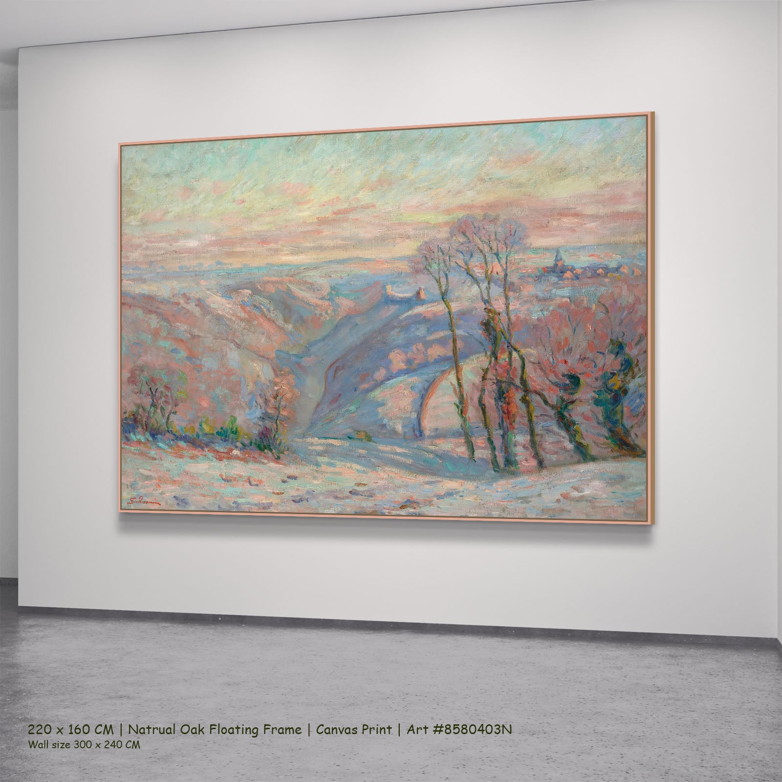 Gelée blanche au village de Crozant by Armand Guillaumin in a natural oak floating frame, large pink and blue Impressionist c