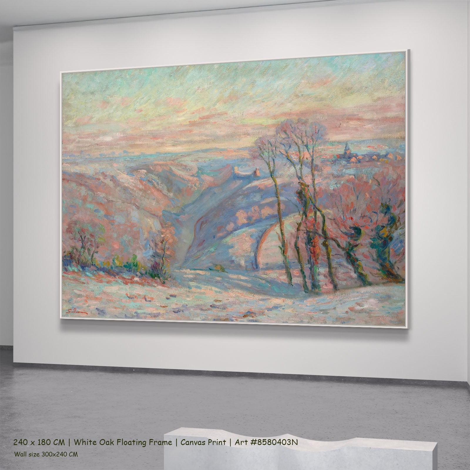 Gelée blanche au village de Crozant by Armand Guillaumin in a white oak floating frame, large pink and blue Impressionist can