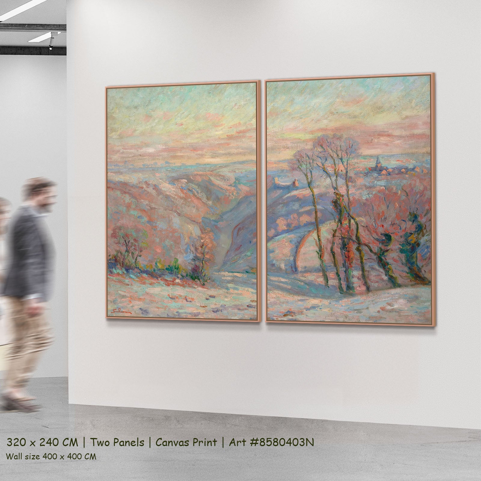 Gelée blanche au village de Crozant by Armand Guillaumin as a large two-panel pink and blue Impressionist canvas set