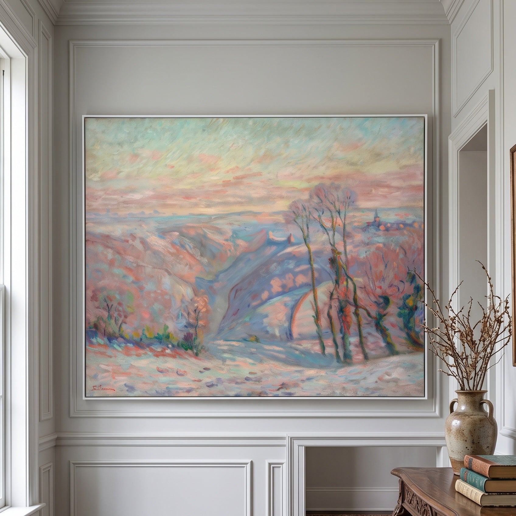 Gelée blanche au village de Crozant by Armand Guillaumin — large pink and blue Impressionist canvas art on a hallway wall