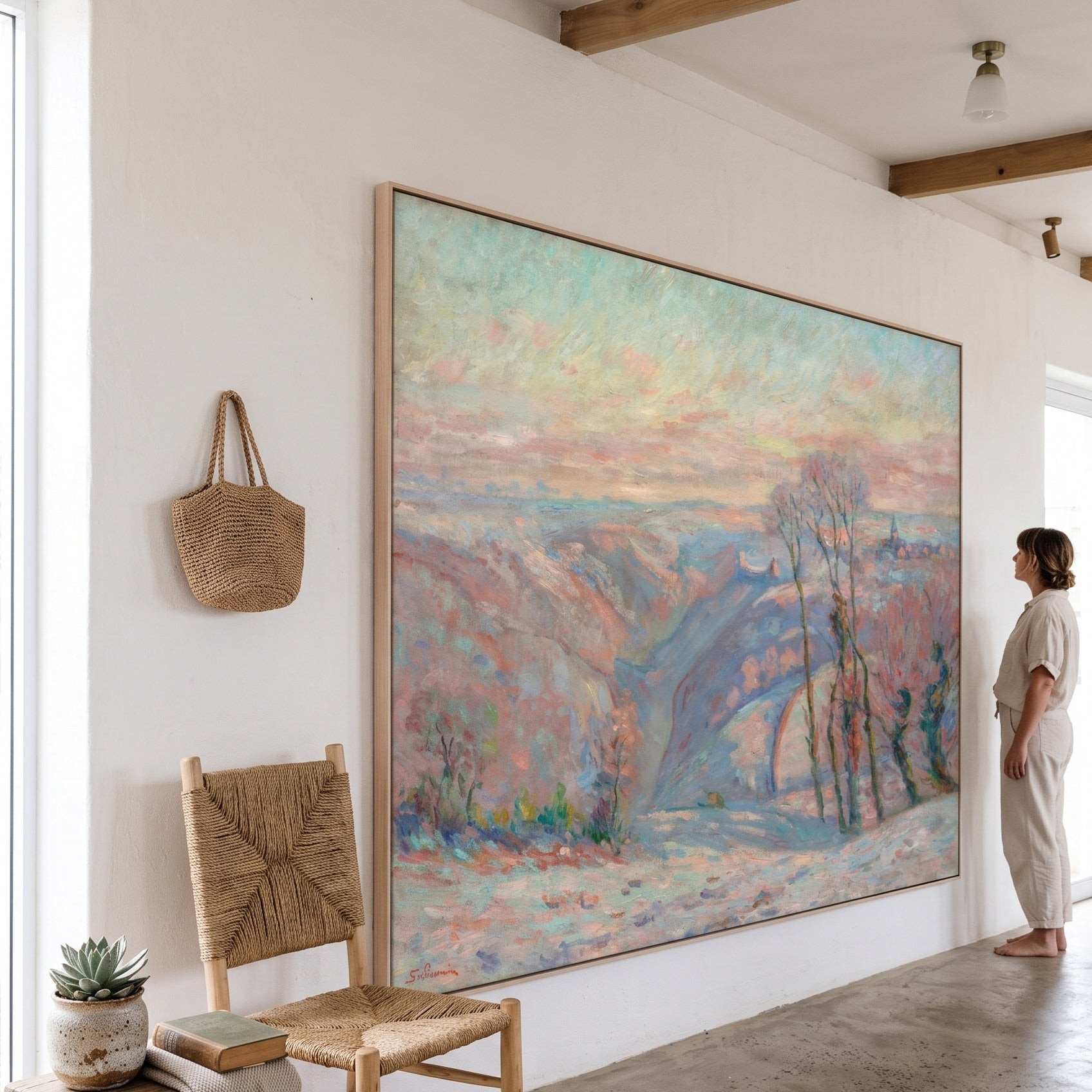 Gelée blanche au village de Crozant by Armand Guillaumin — large pink and blue Impressionist canvas art on a living room wall