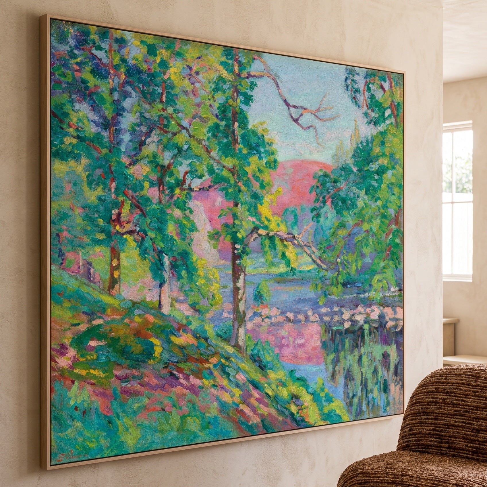 Les Bords de la Creuse by Armand Guillaumin — large green and pink Impressionist canvas art on a living room wall