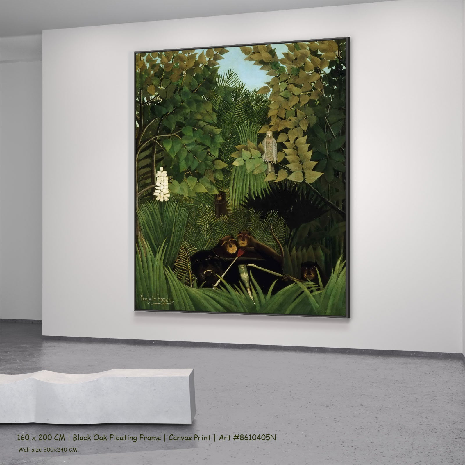 The Merry Jesters by Henri Rousseau in a black oak floating frame, large green and olive Jungle canvas