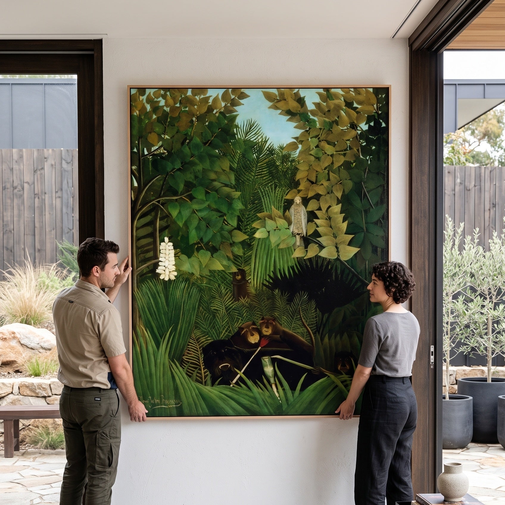 The Merry Jesters by Henri Rousseau — large green and olive Jungle canvas art on a entryway wall