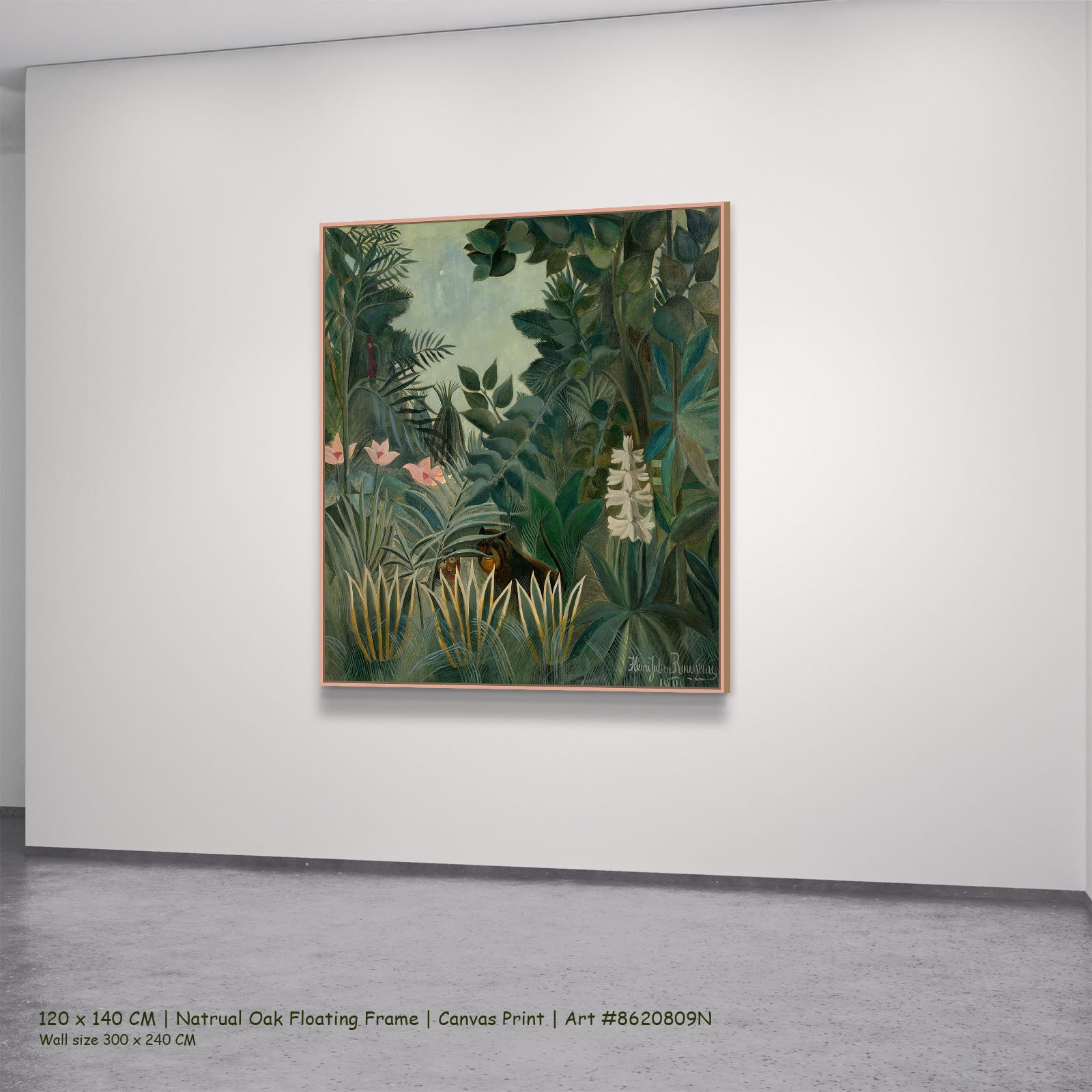The Equatorial Jungle by Henri Rousseau in a natural oak floating frame, large green and olive Jungle canvas