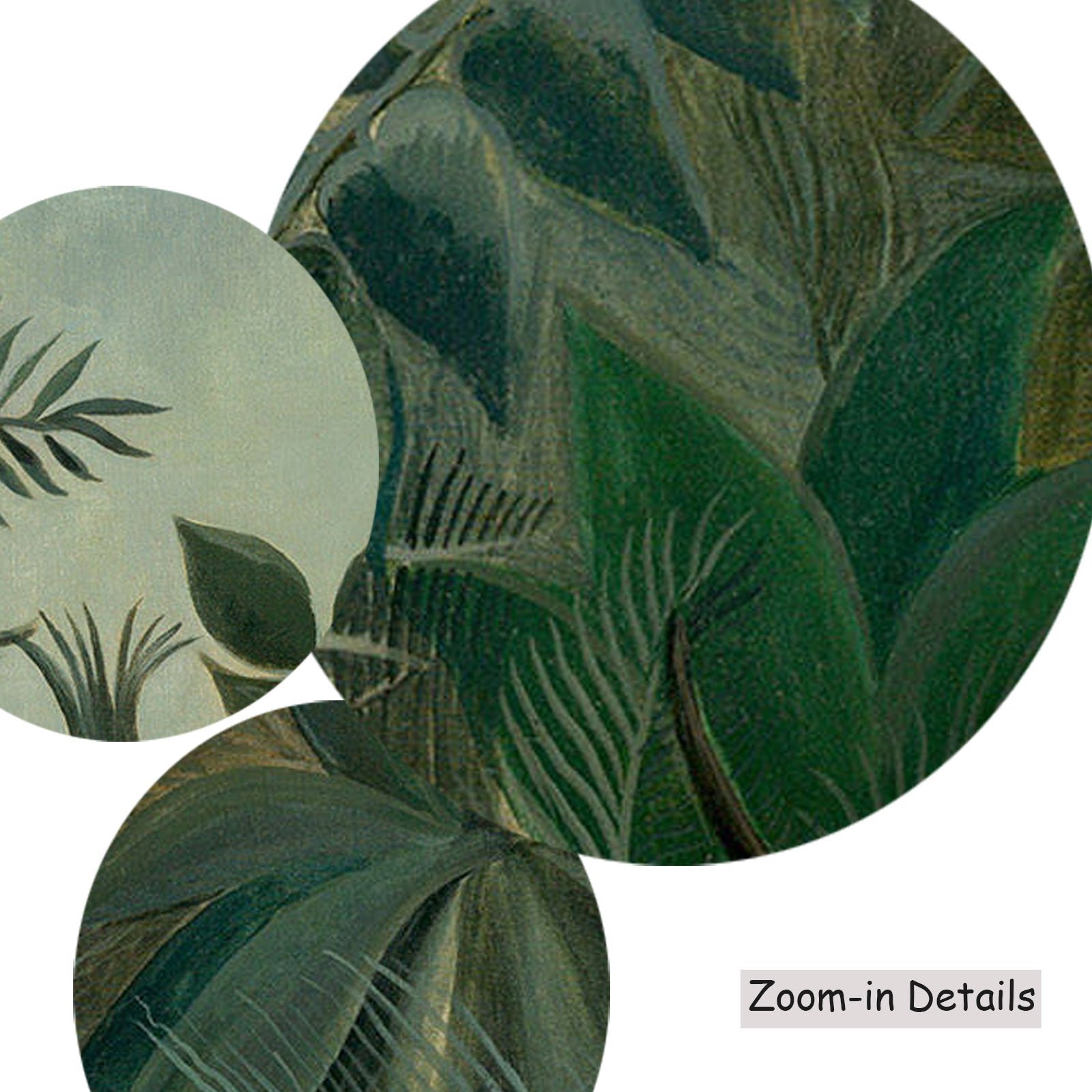 Close-up detail of the brushwork on The Equatorial Jungle, a large green and olive Jungle canvas by Henri Rousseau
