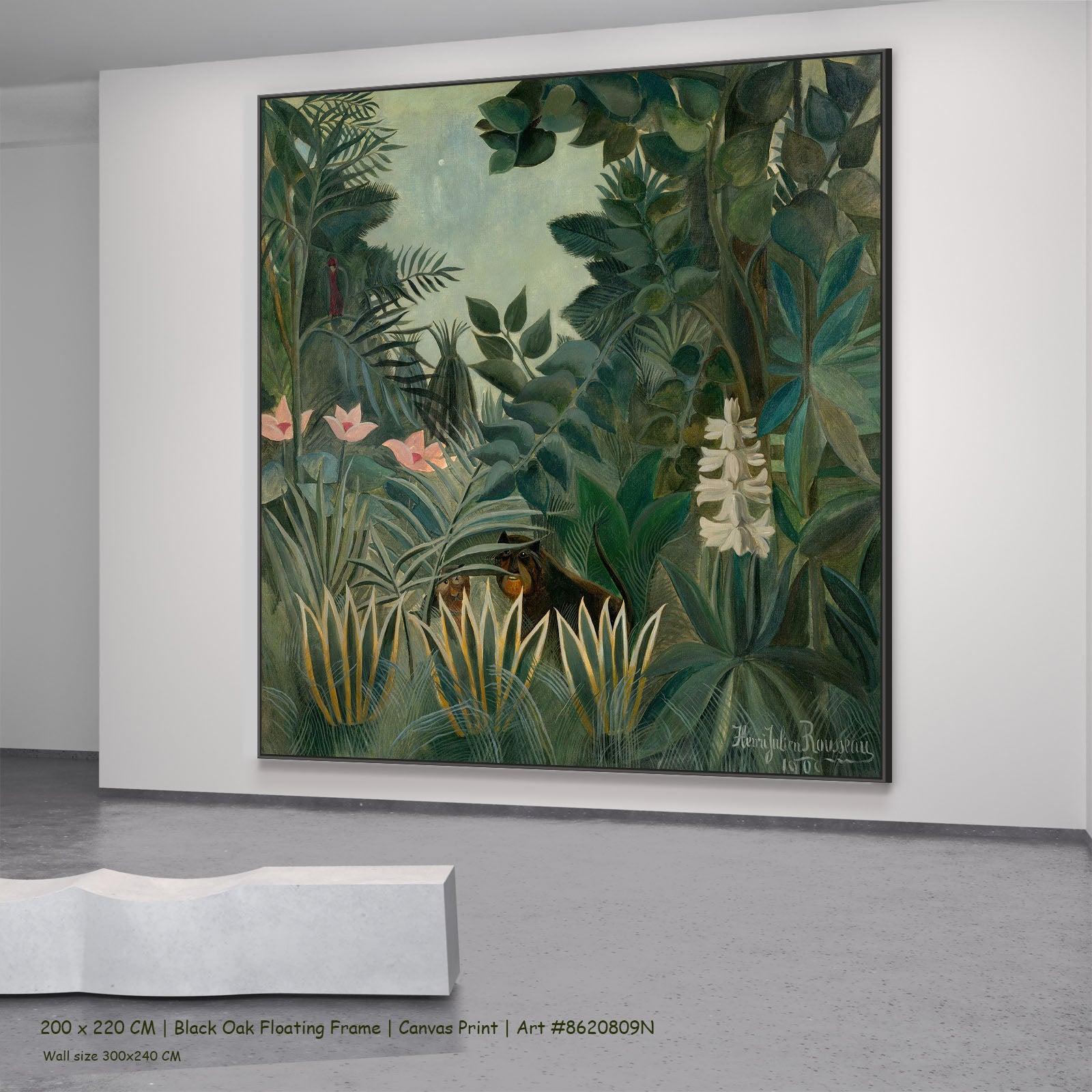 The Equatorial Jungle by Henri Rousseau in a black oak floating frame, large green and olive Jungle canvas