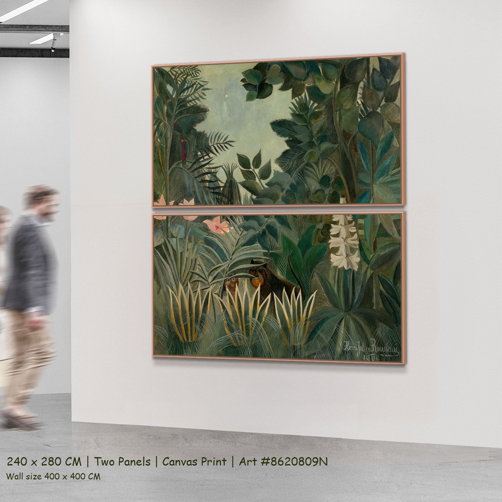 The Equatorial Jungle by Henri Rousseau as a large two-panel green and olive Jungle canvas set
