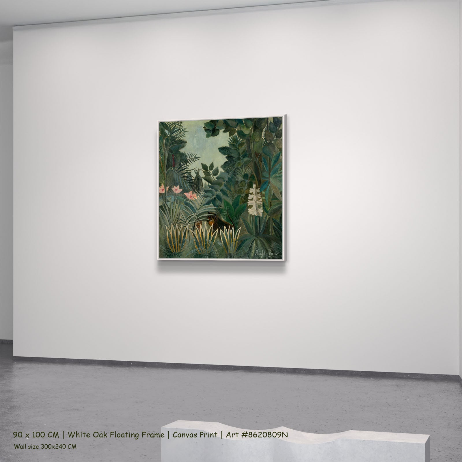 The Equatorial Jungle by Henri Rousseau in a white oak floating frame, large green and olive Jungle canvas