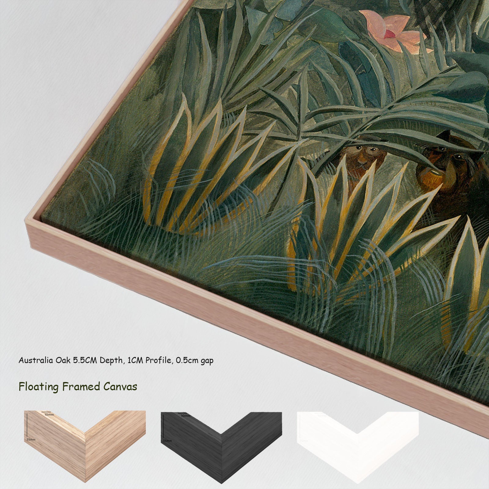 The Equatorial Jungle by Henri Rousseau in a floating frame, large green and olive Jungle canvas print