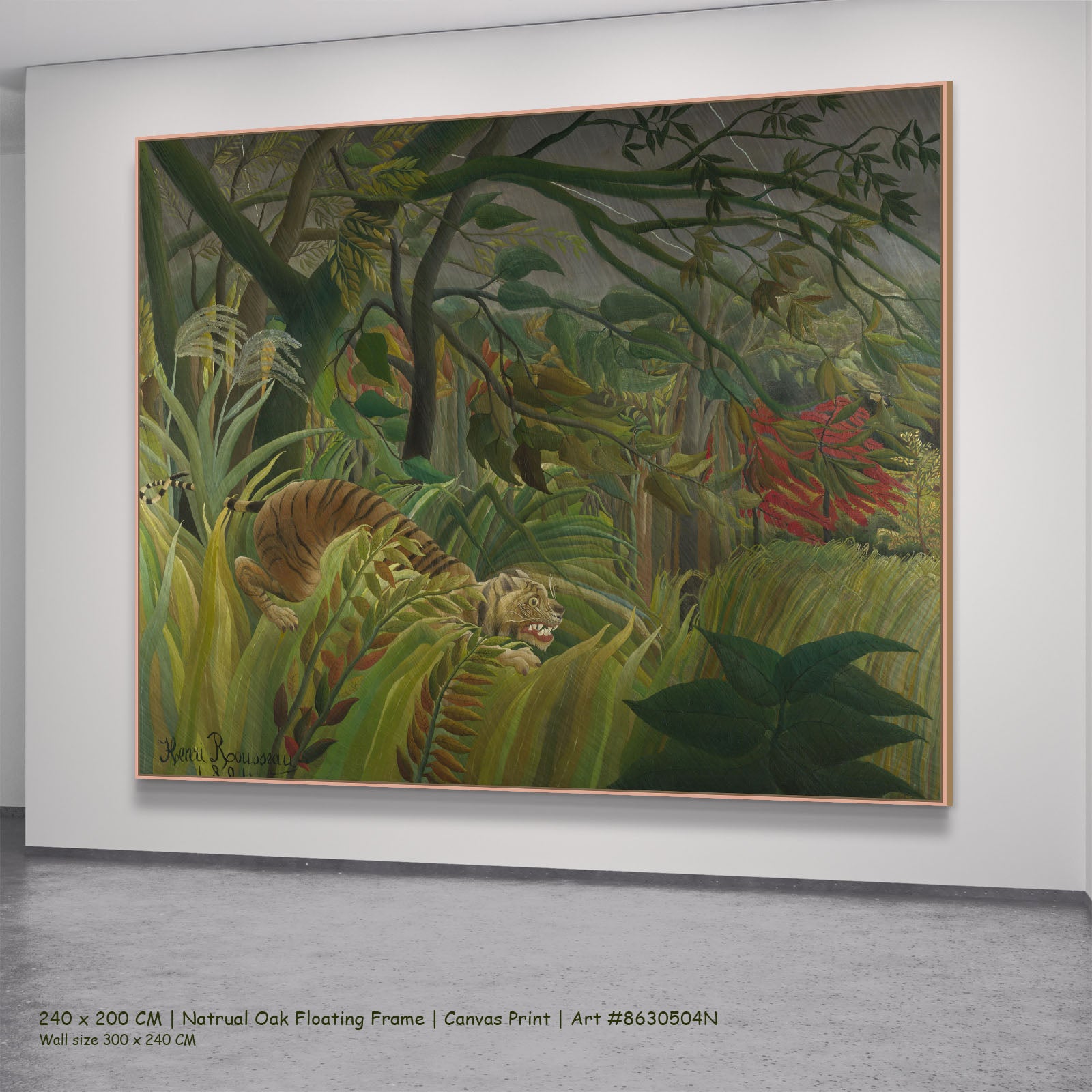Tiger in a Tropical Storm by Henri Rousseau in a natural oak floating frame, large green and olive Jungle canvas