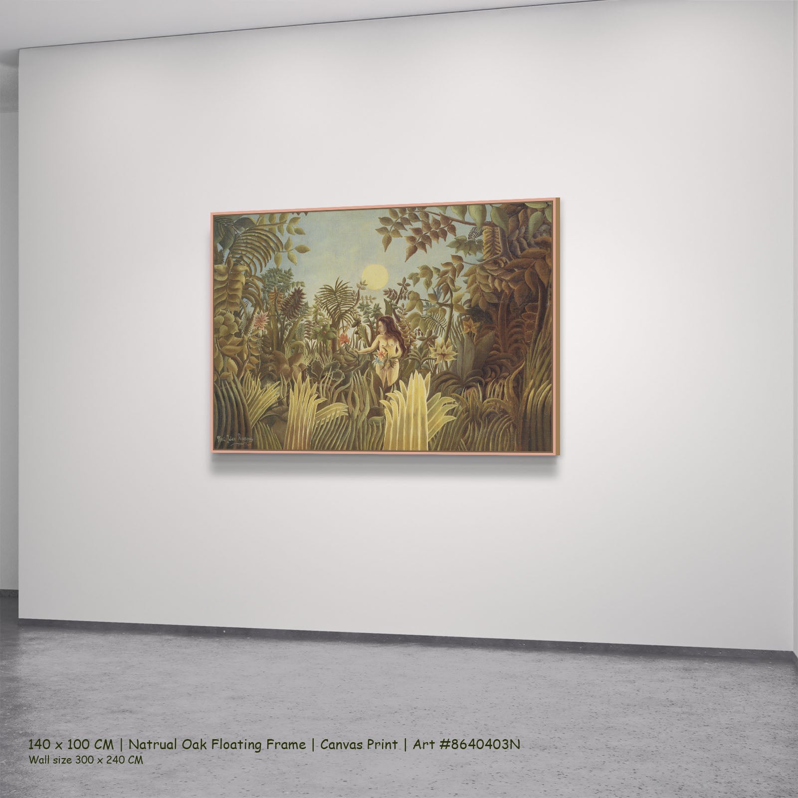 Eve by Henri Rousseau in a natural oak floating frame, large gold and olive Jungle canvas