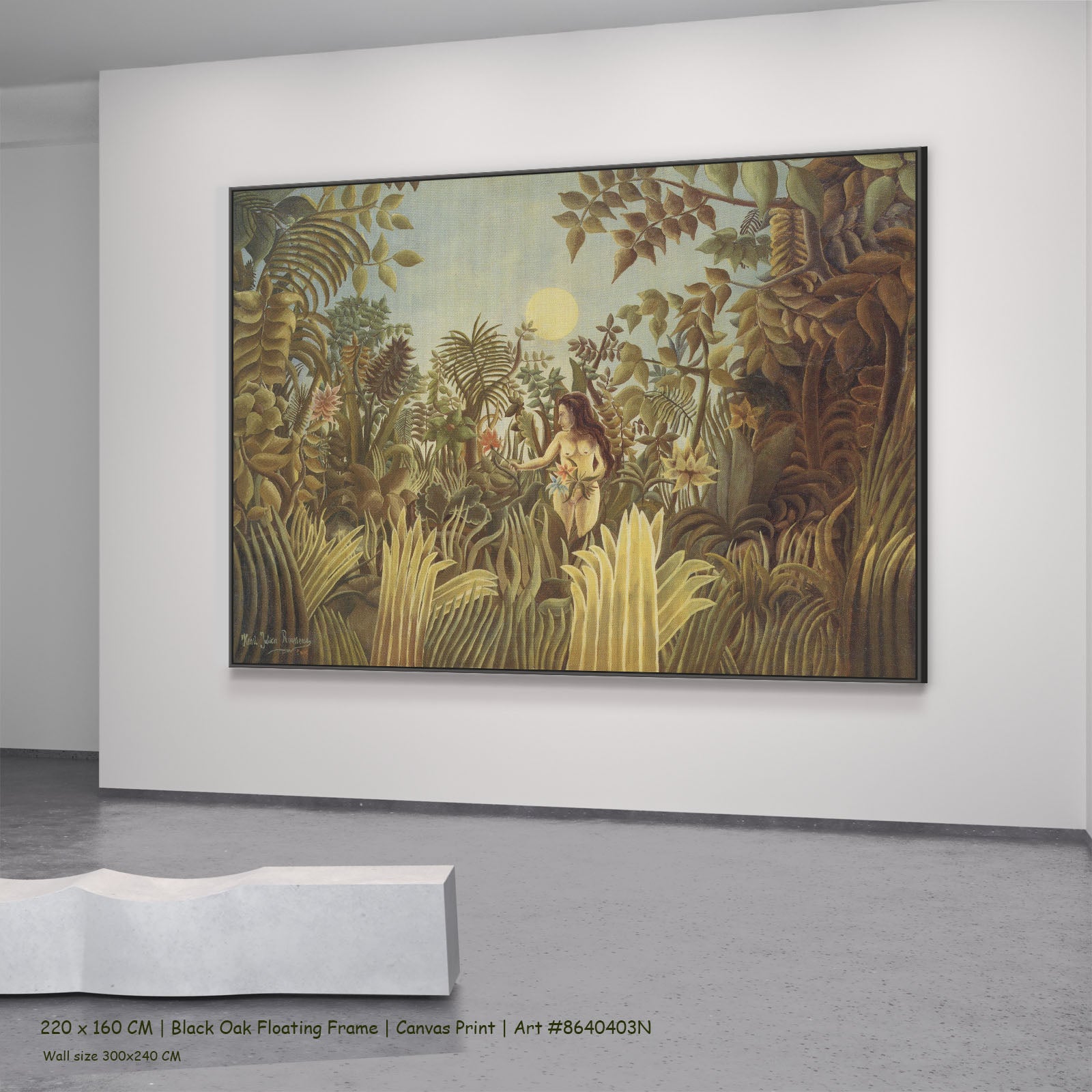 Eve by Henri Rousseau in a black oak floating frame, large gold and olive Jungle canvas