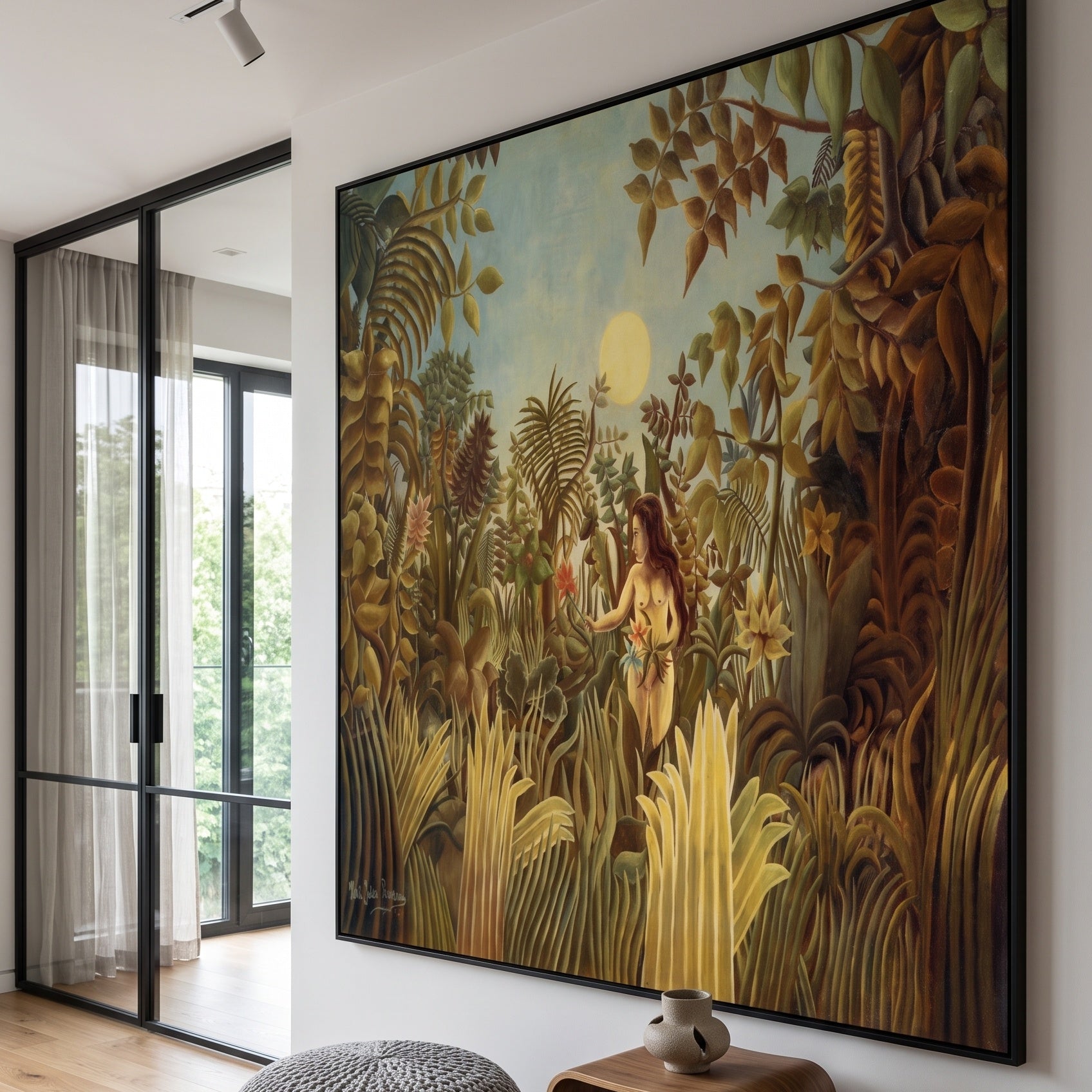 Eve by Henri Rousseau — large gold and olive Jungle canvas art on a hallway wall