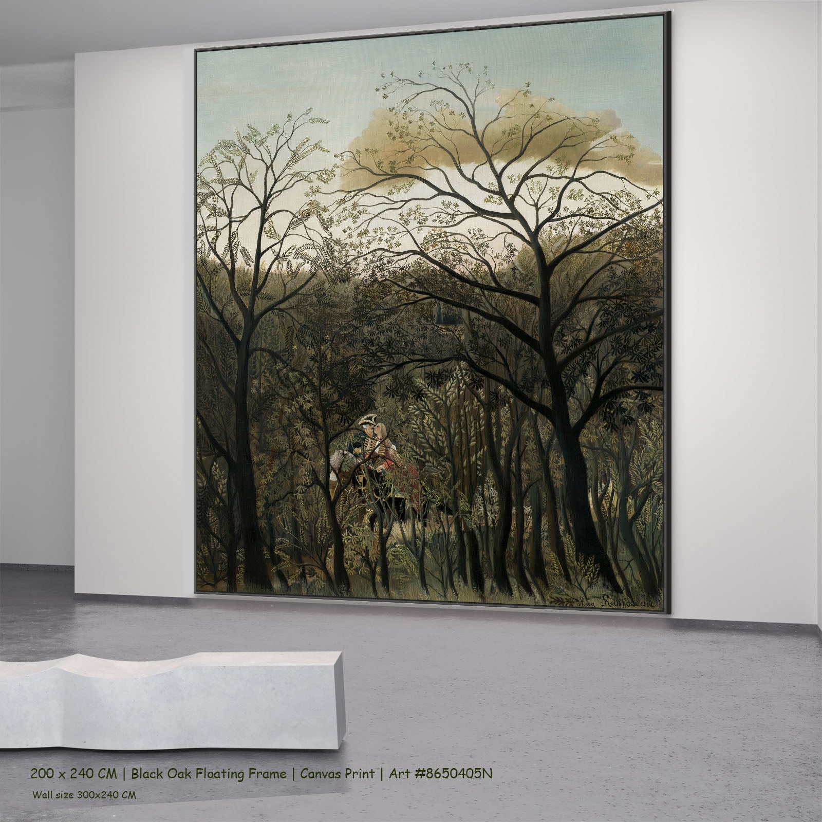 Rendezvous in the Forest by Henri Rousseau in a black oak floating frame, large olive and brown Jungle canvas