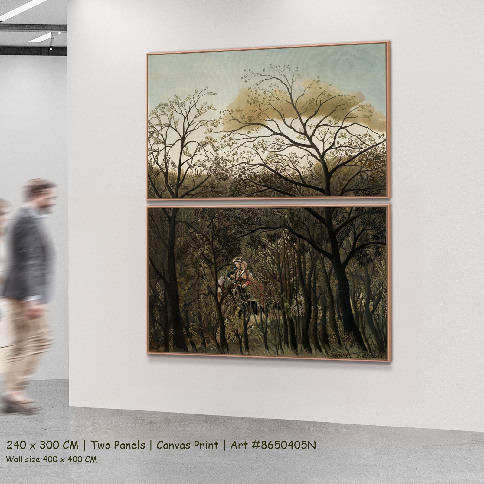 Rendezvous in the Forest by Henri Rousseau as a large two-panel olive and brown Jungle canvas set