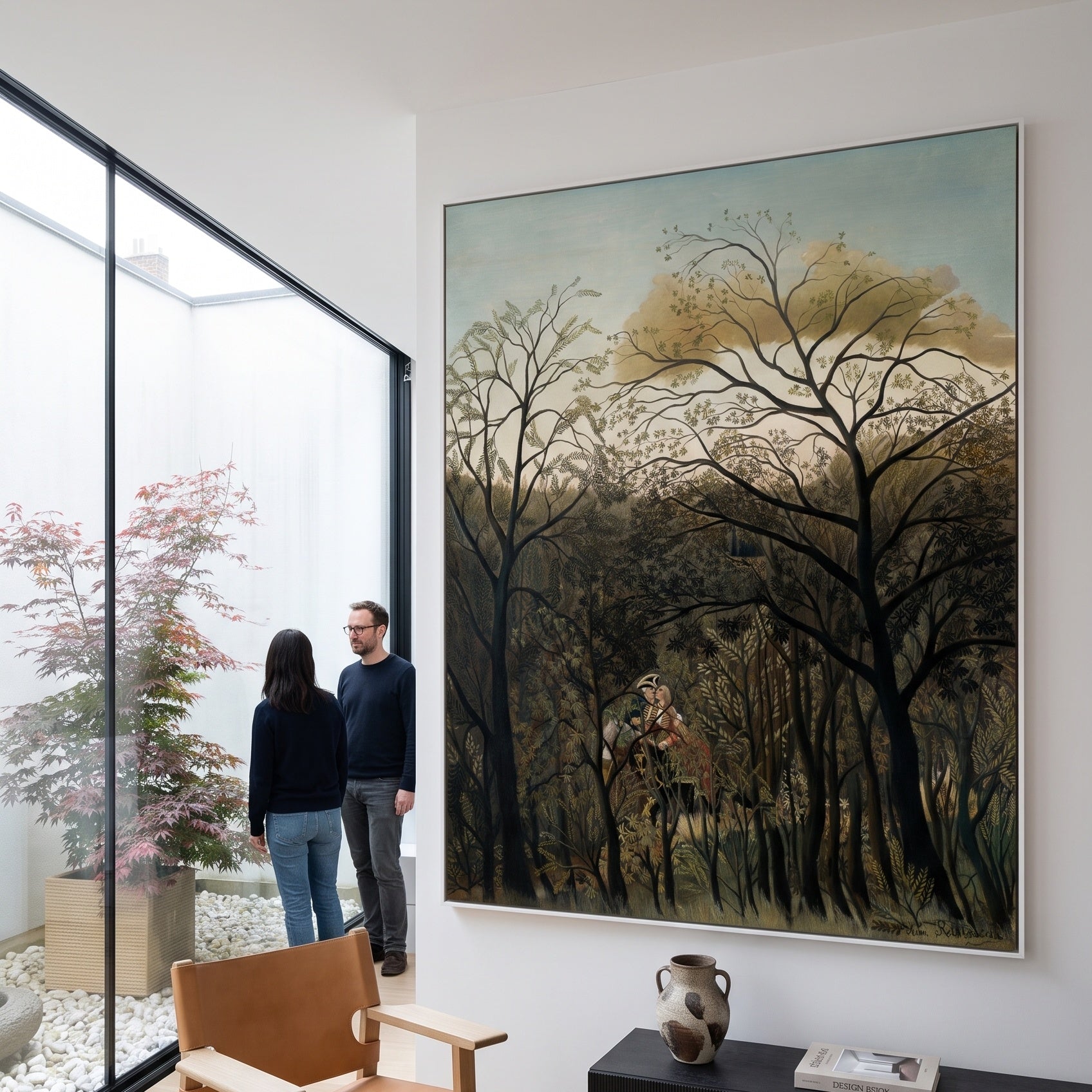 Rendezvous in the Forest by Henri Rousseau — large olive and brown Jungle canvas art on a entryway wall