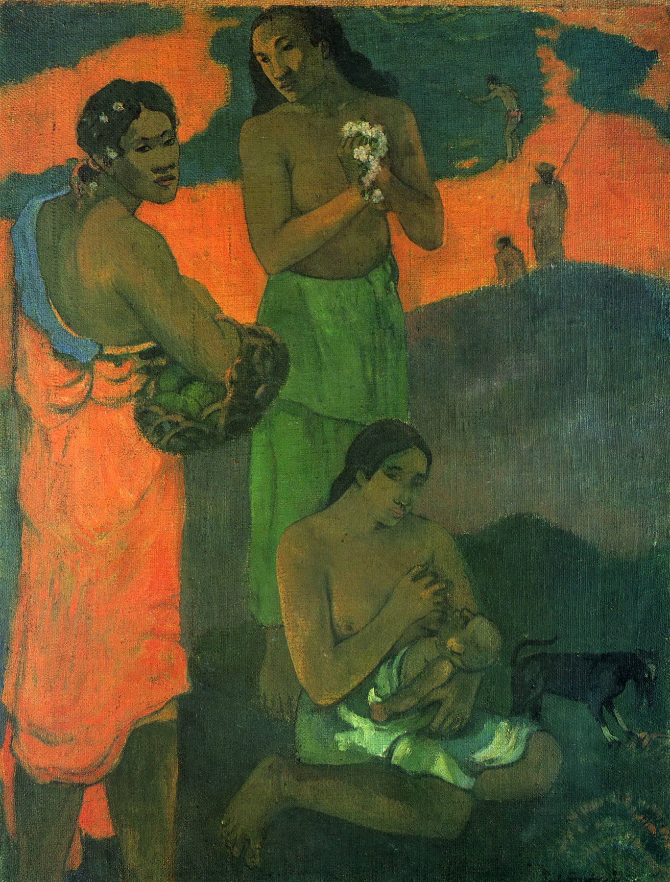 Large green and orange Impressionist canvas print of Maternity by Paul Gauguin