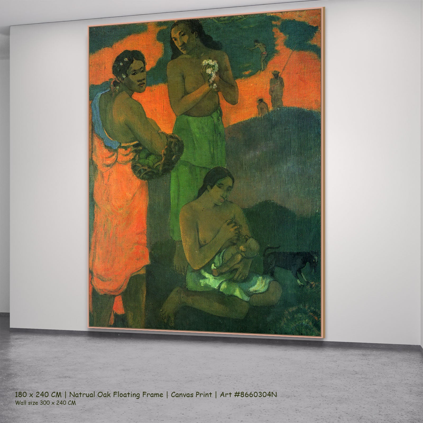 Maternity by Paul Gauguin in a natural oak floating frame, large green and orange Impressionist canvas