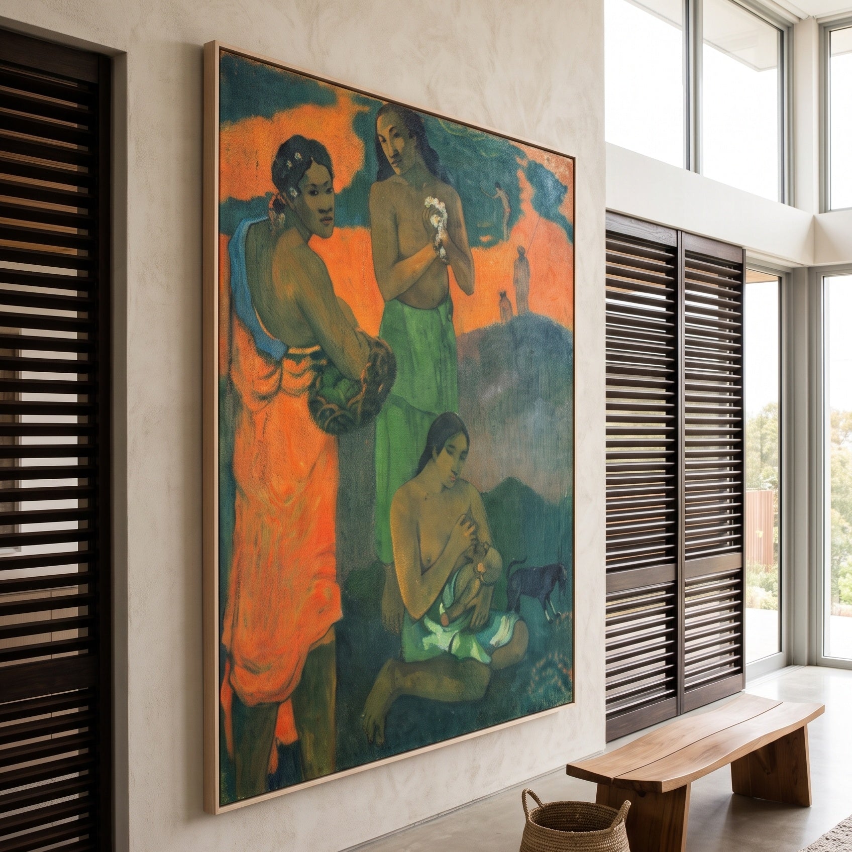 Maternity by Paul Gauguin — large green and orange Impressionist canvas art on a hallway wall