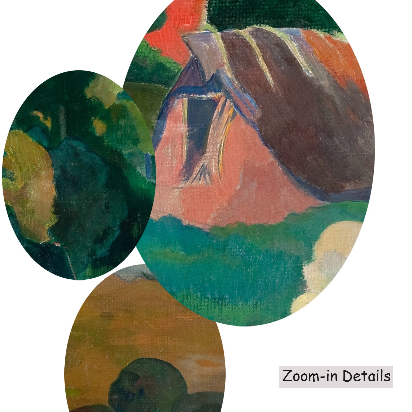 Close-up detail of the brushwork on Matamoe, a large green and gold Impressionist canvas by Paul Gauguin