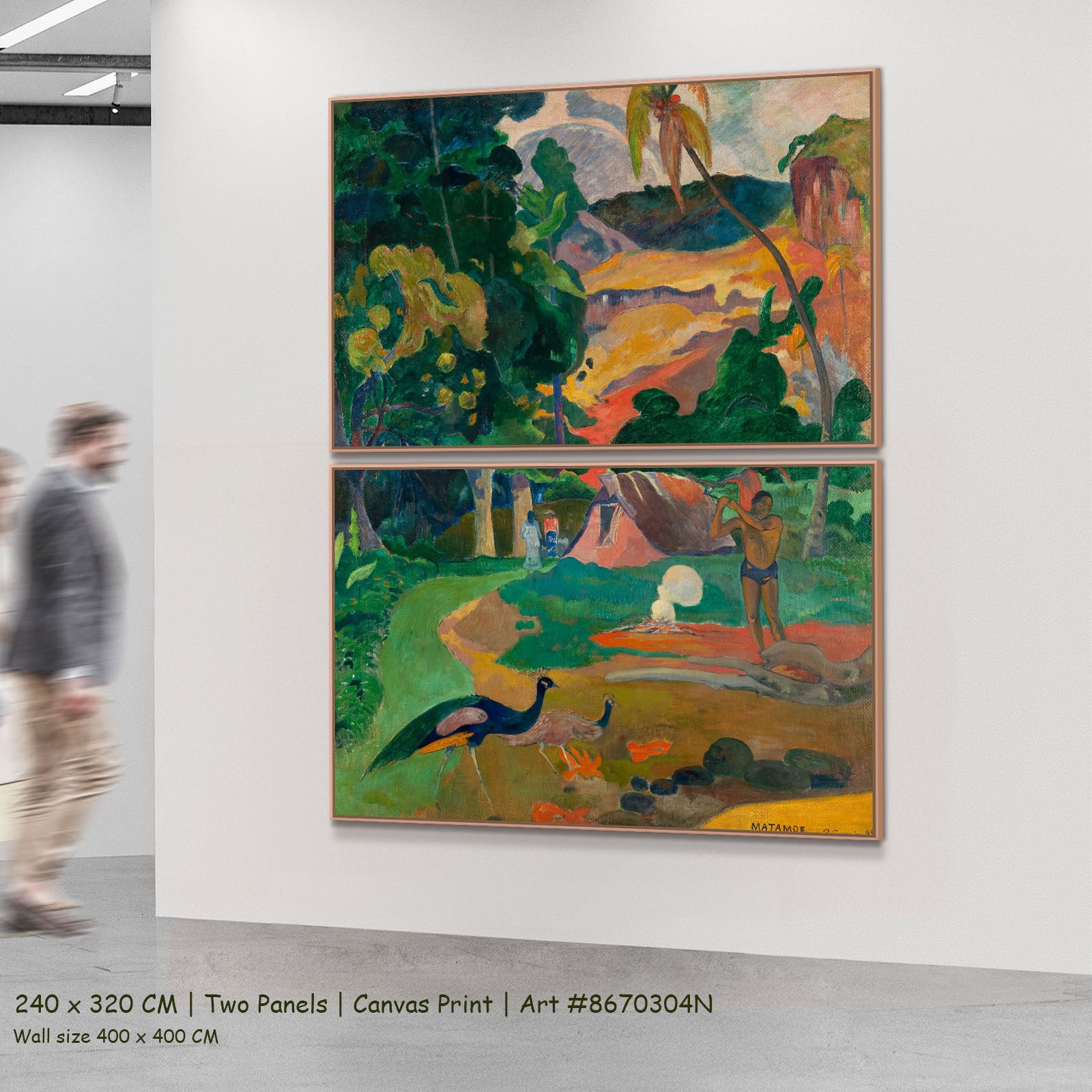Matamoe by Paul Gauguin as a large two-panel green and gold Impressionist canvas set