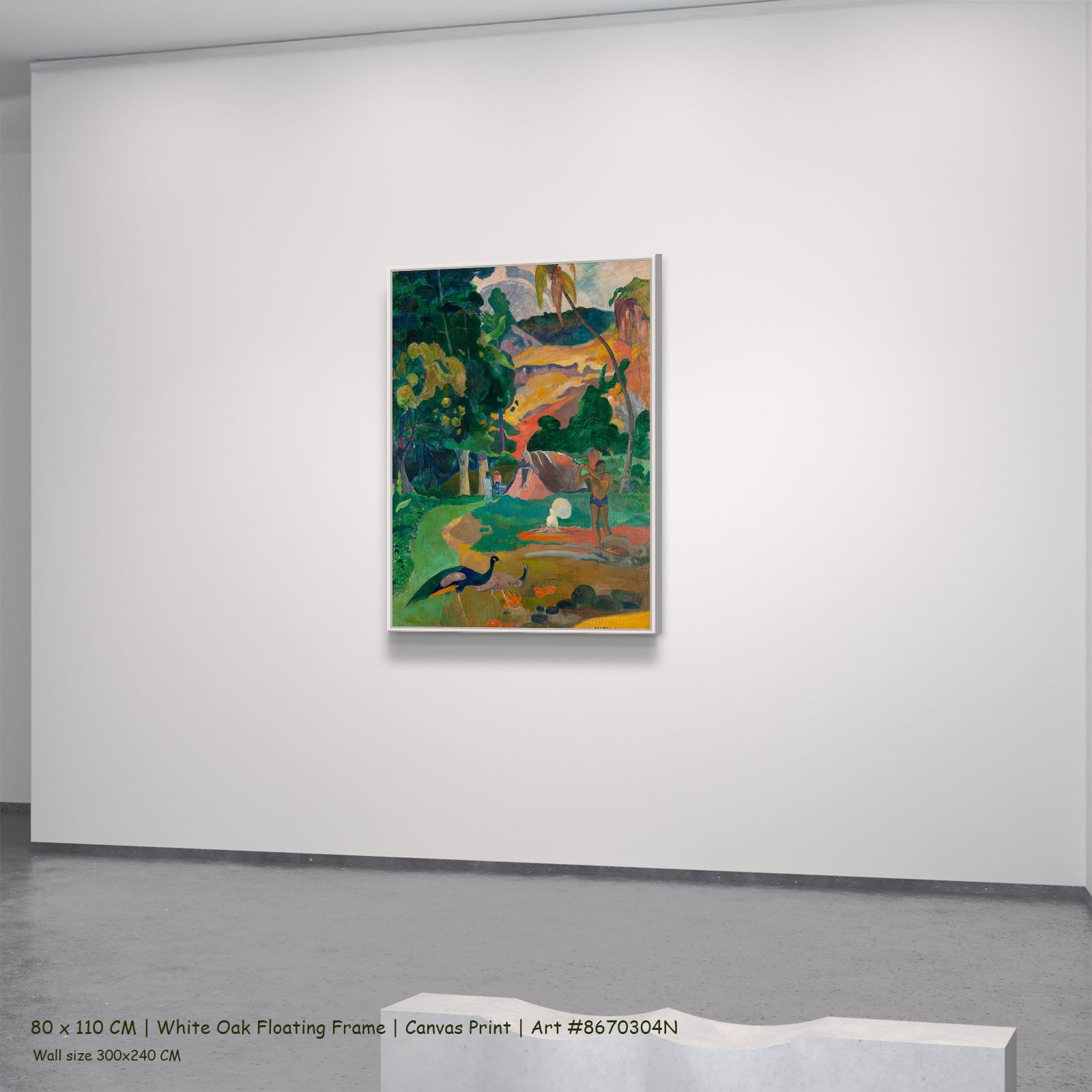 Matamoe by Paul Gauguin in a white oak floating frame, large green and gold Impressionist canvas