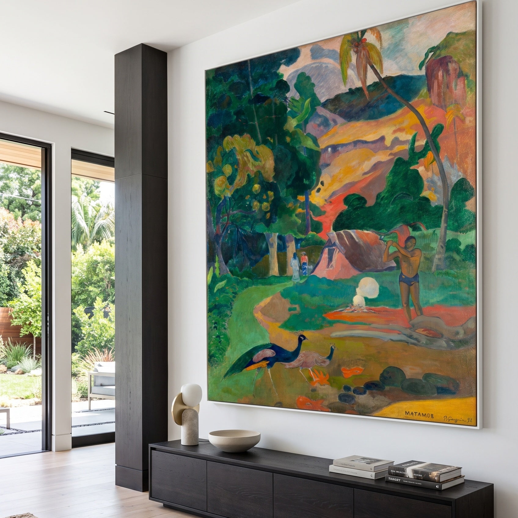 Matamoe by Paul Gauguin — large green and gold Impressionist canvas art on a hallway wall