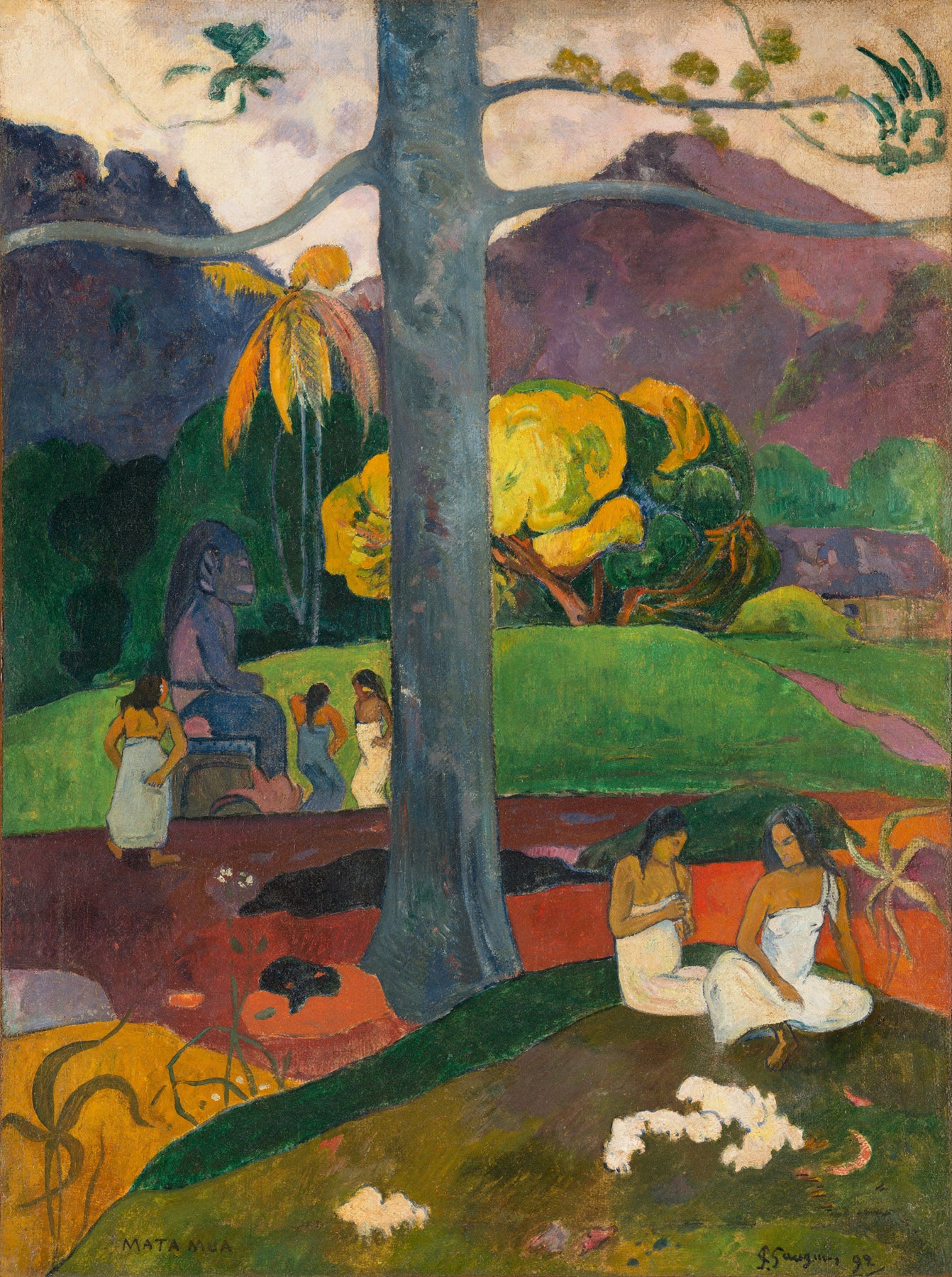 Large green and gold Impressionist canvas print of Mata Mua by Paul Gauguin