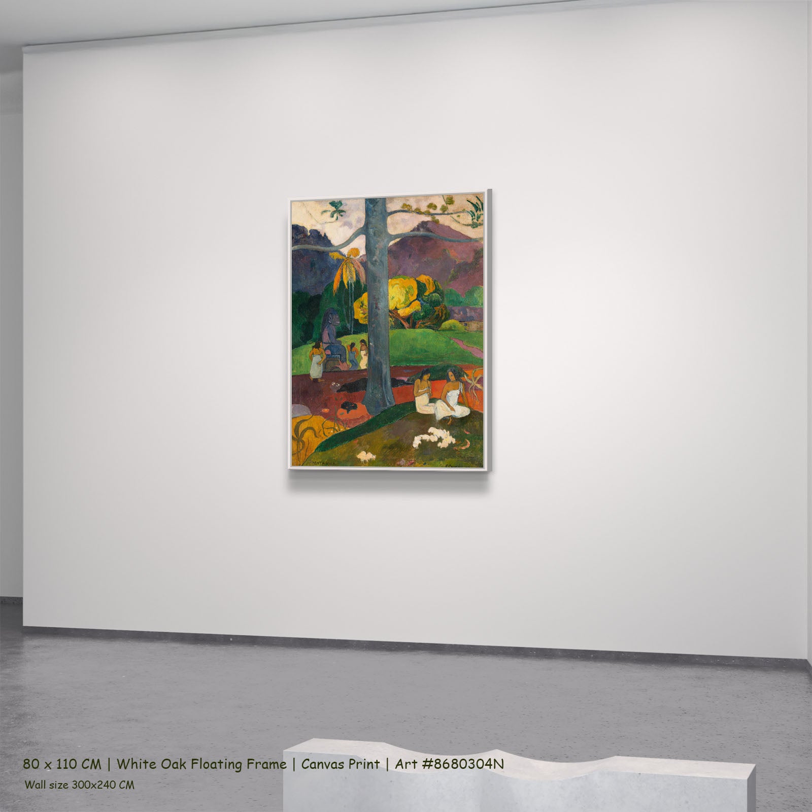 Mata Mua by Paul Gauguin in a white oak floating frame, large green and gold Impressionist canvas